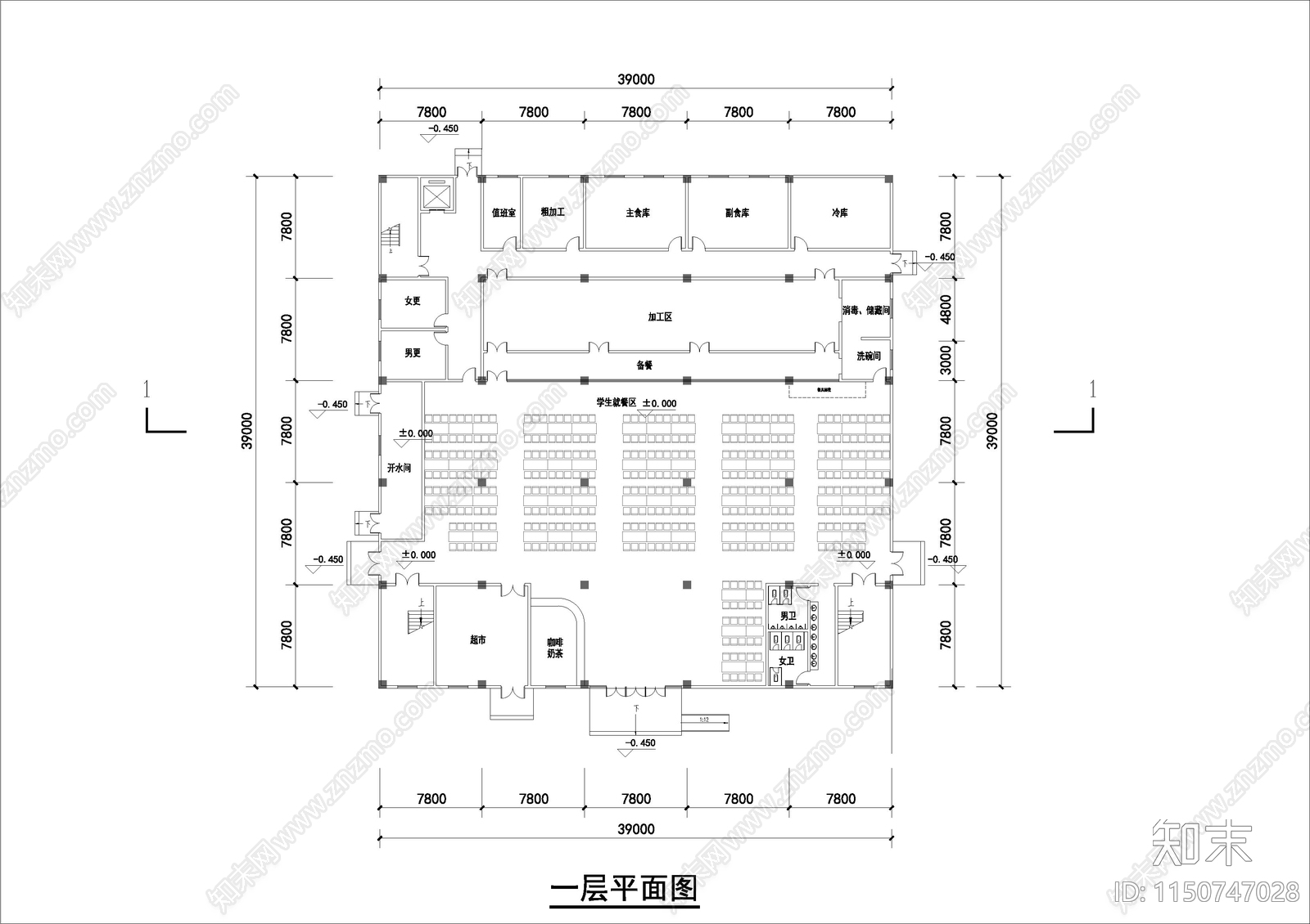 三层食堂平面图cad施工图下载【ID:1150747028】