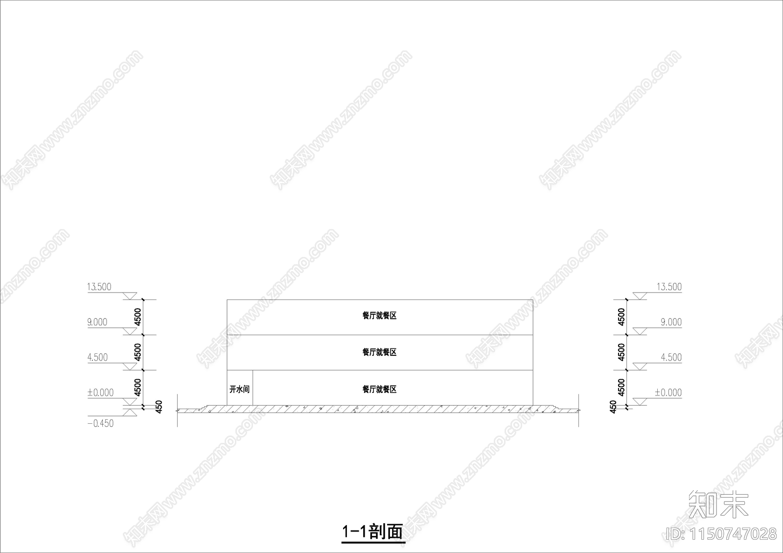 三层食堂平面图cad施工图下载【ID:1150747028】