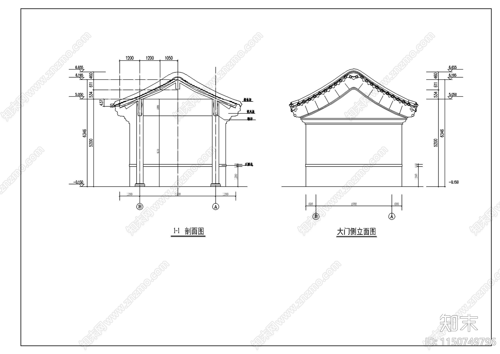 仿古长廊详图cad施工图下载【ID:1150749796】