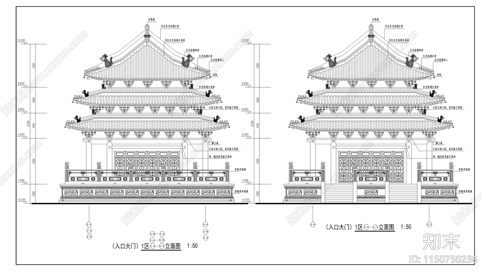 入口大门古建筑cad施工图下载【ID:1150750236】