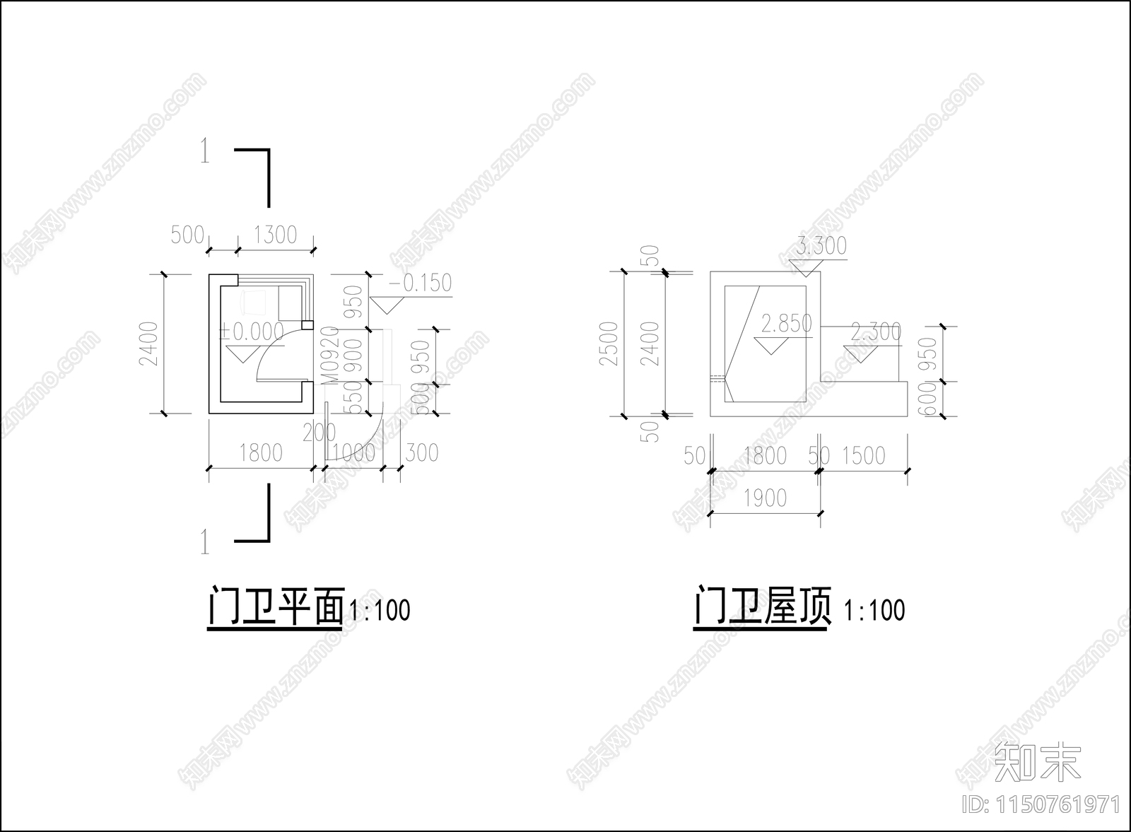 门卫室建筑图cad施工图下载【ID:1150761971】