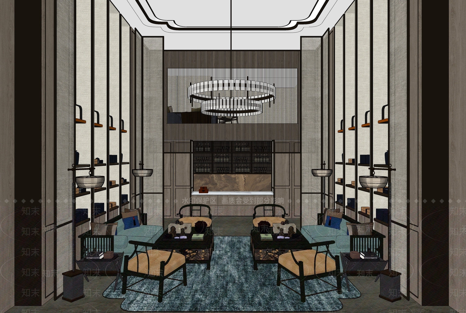 新中式别墅大客厅SU模型下载【ID:1150770968】