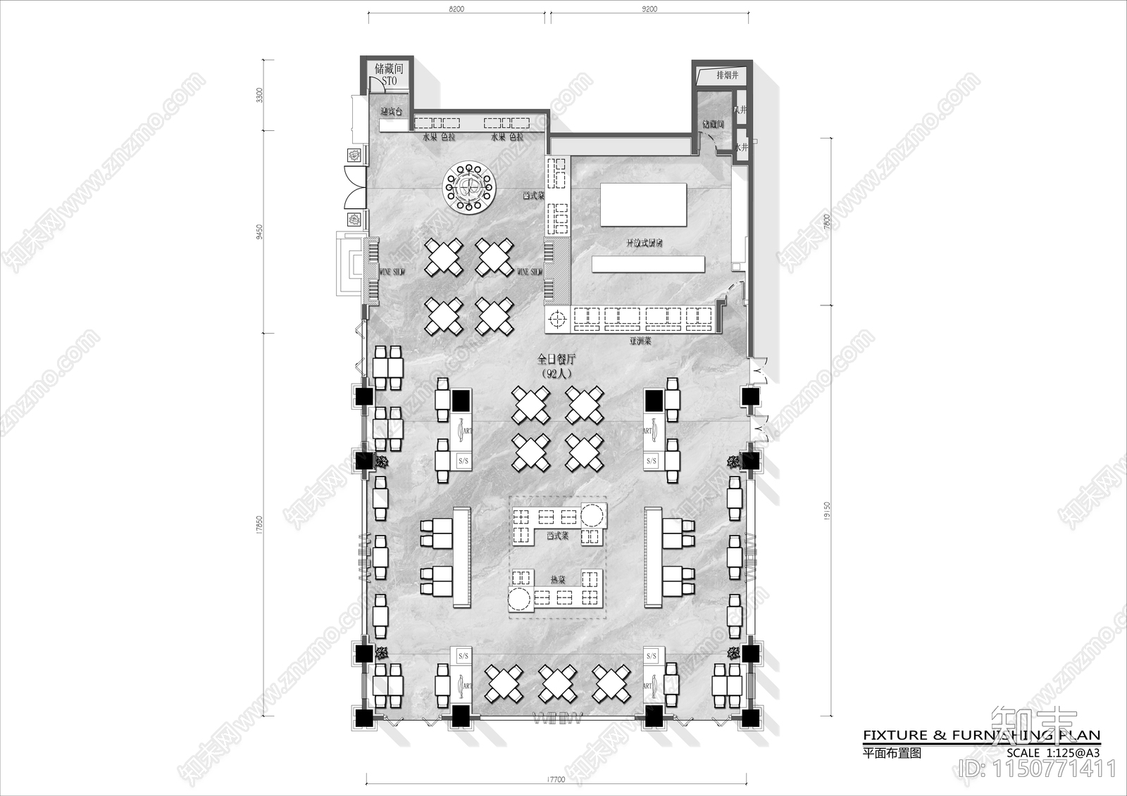 400平米酒店自助餐厅平面布置图cad施工图下载【ID:1150771411】