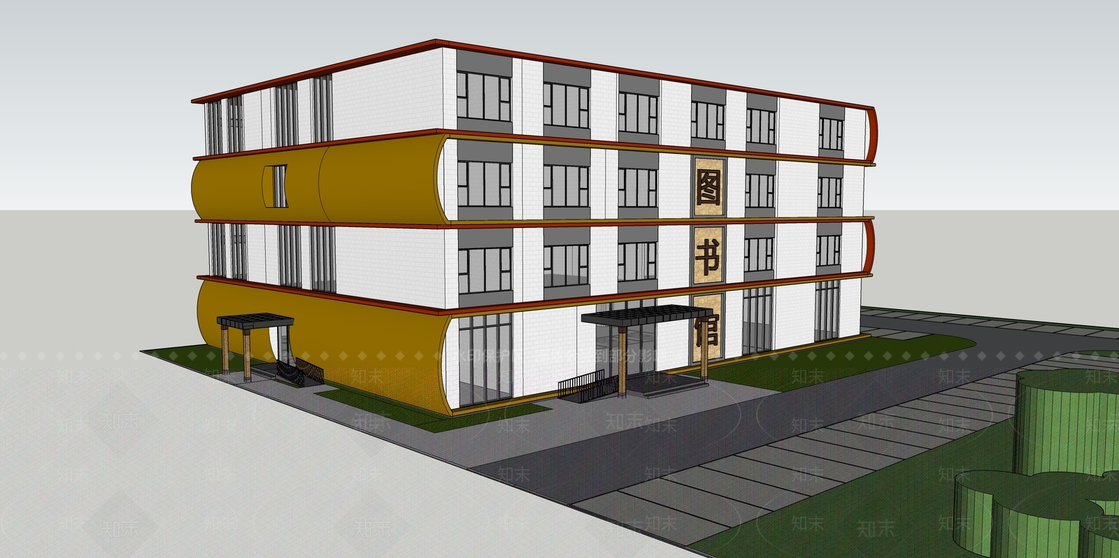 现代图书馆建筑SU模型下载【ID:1150787009】