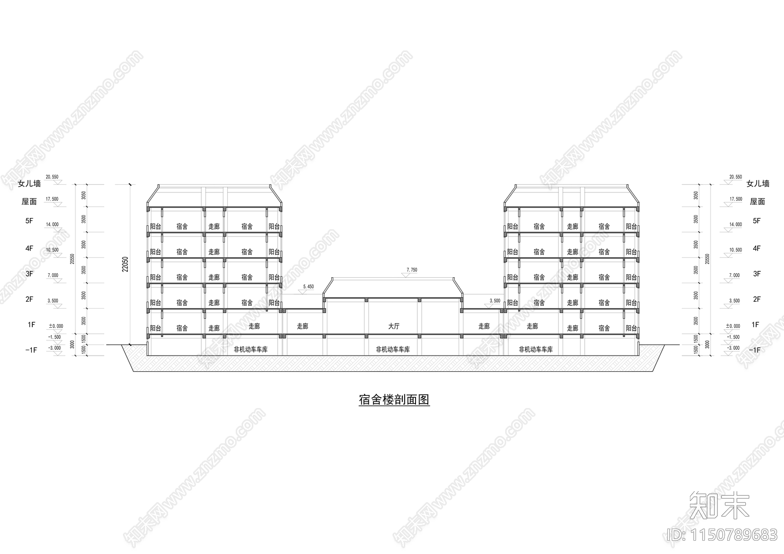 某学校宿舍楼平立剖cad施工图下载【ID:1150789683】