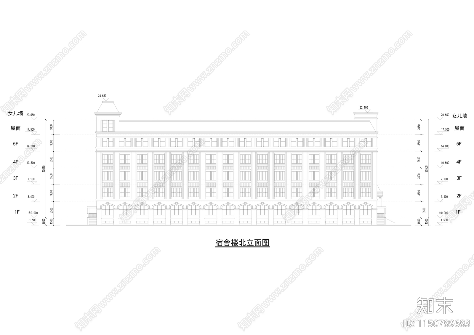 某学校宿舍楼平立剖cad施工图下载【ID:1150789683】