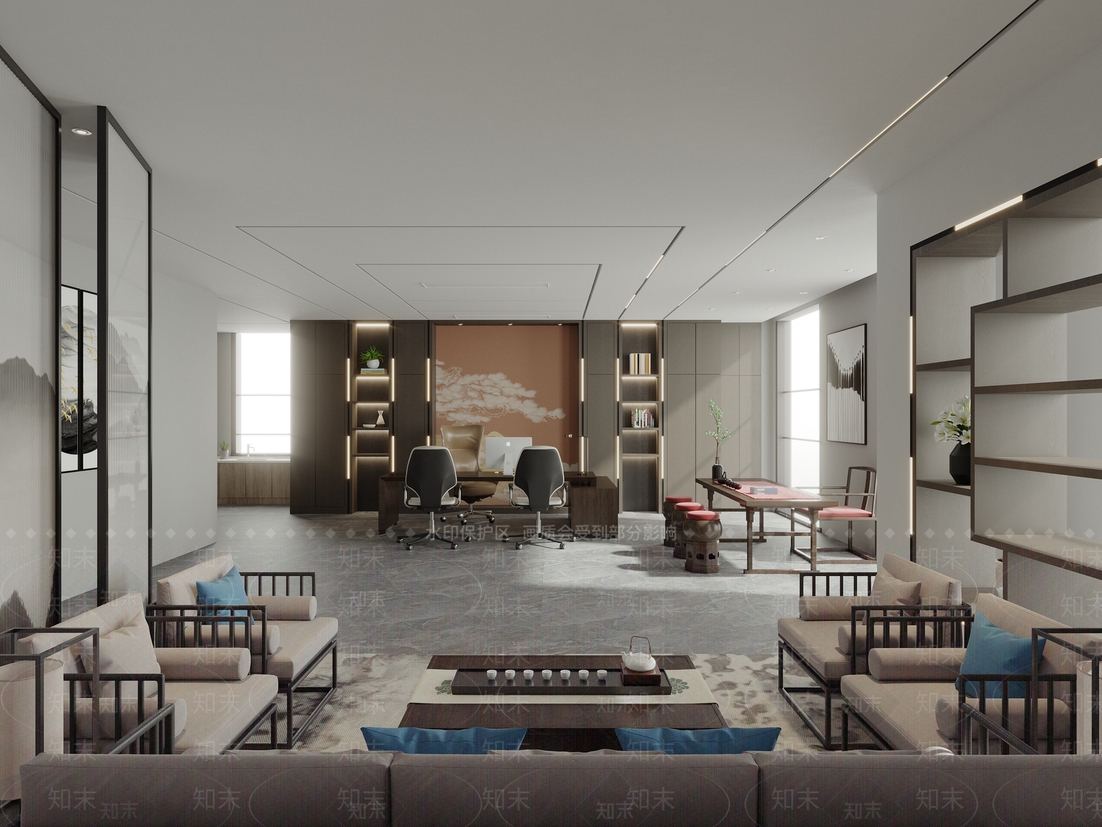 新中式经理办公室沙发组合3D模型下载【ID:1150792648】