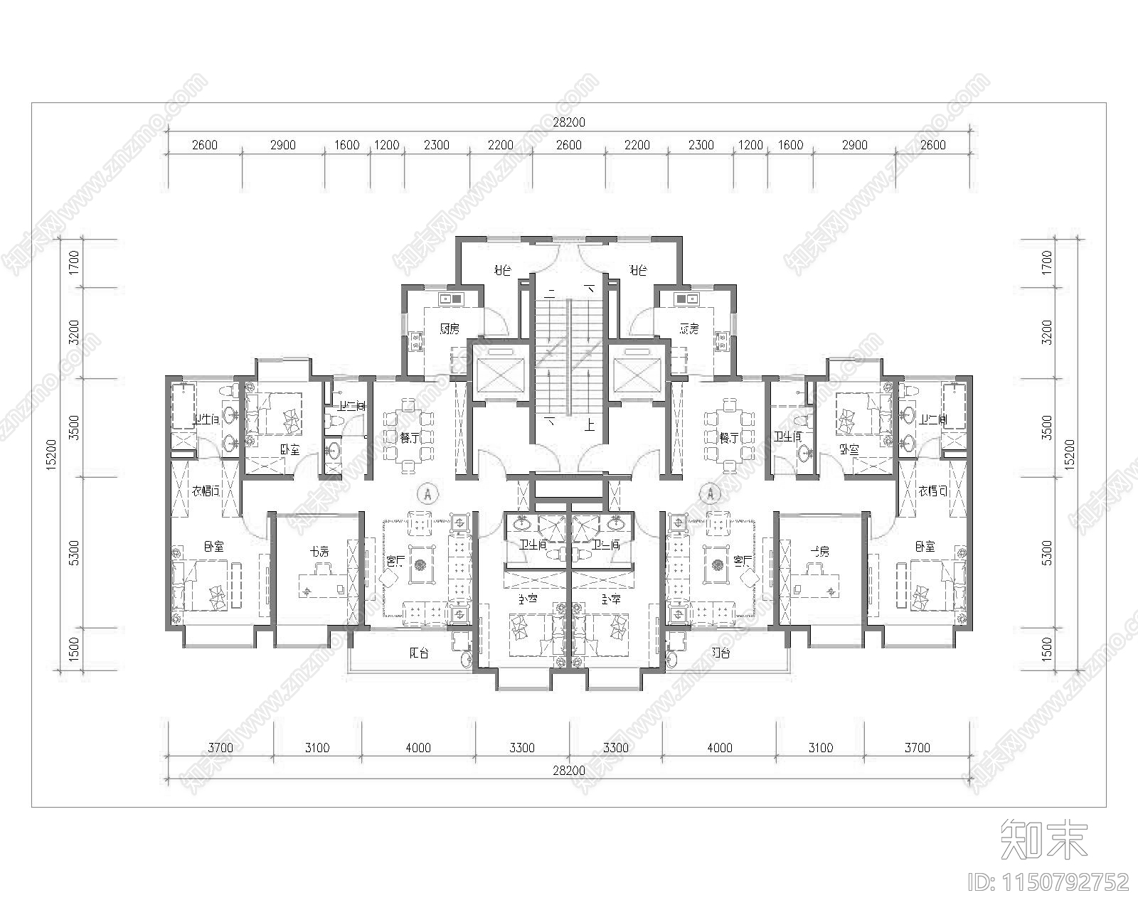 现代高层住宅两梯两户平面图施工图下载【ID:1150792752】