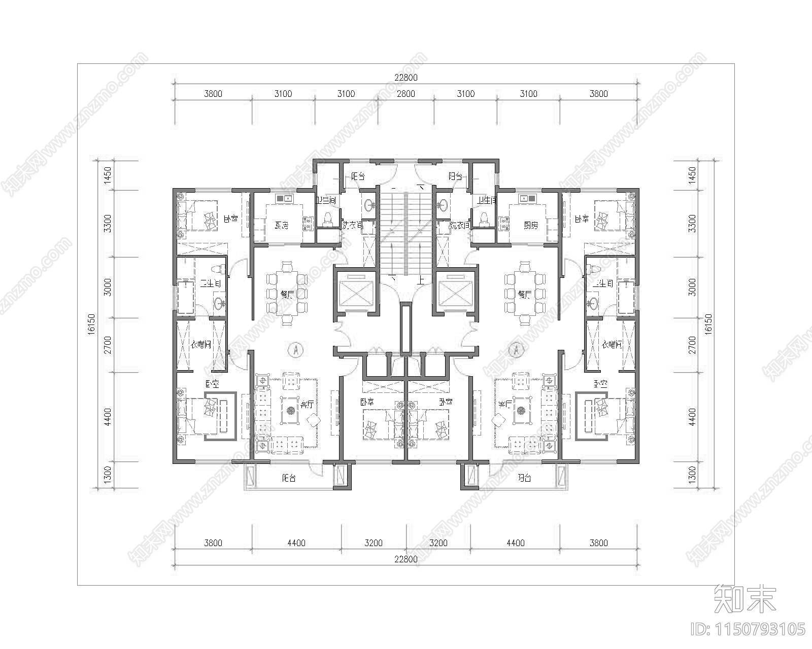 高层住宅两梯两户平面图施工图下载【ID:1150793105】