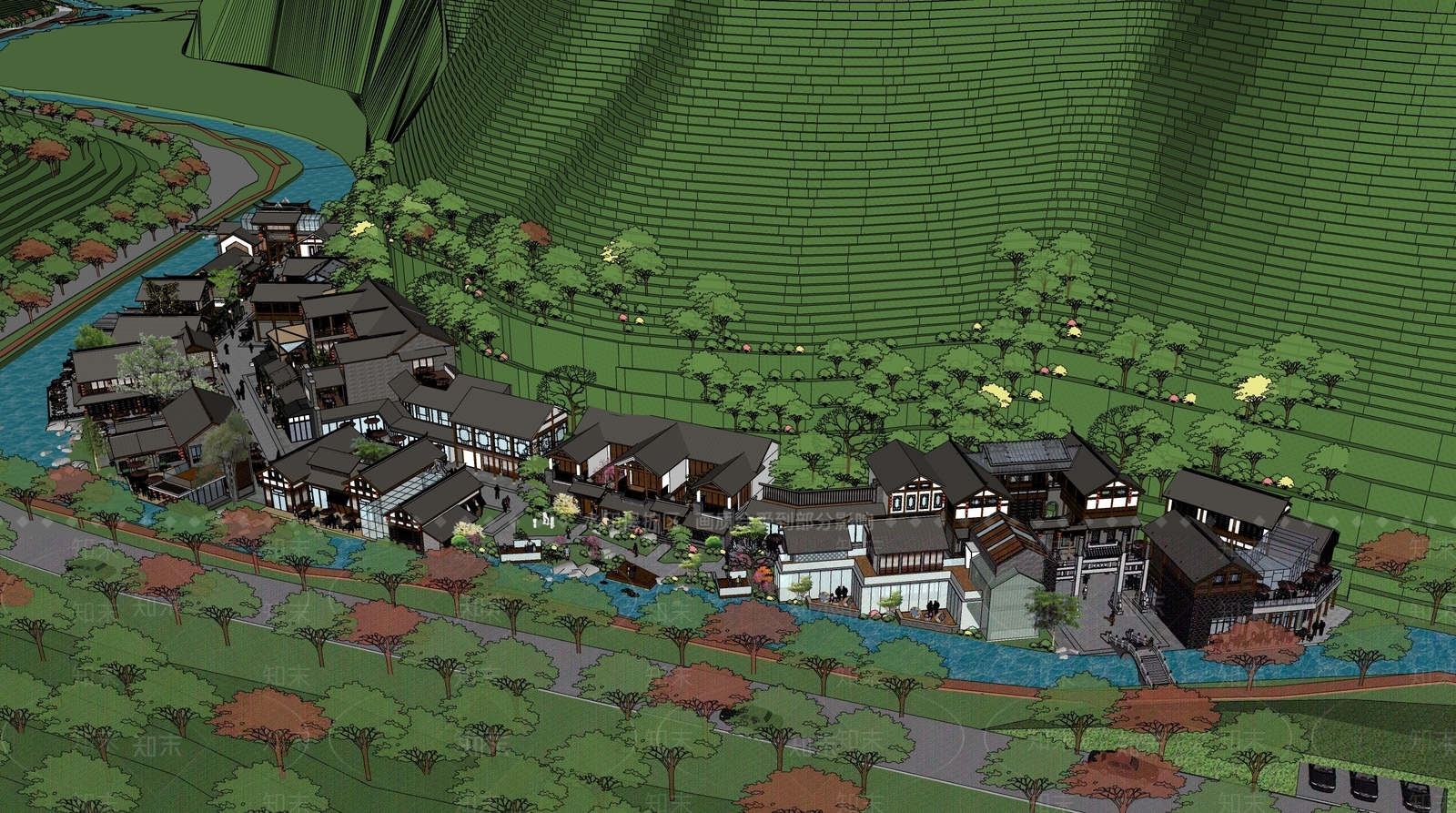中式山地滨水商业街区SU模型下载【ID:1150795277】