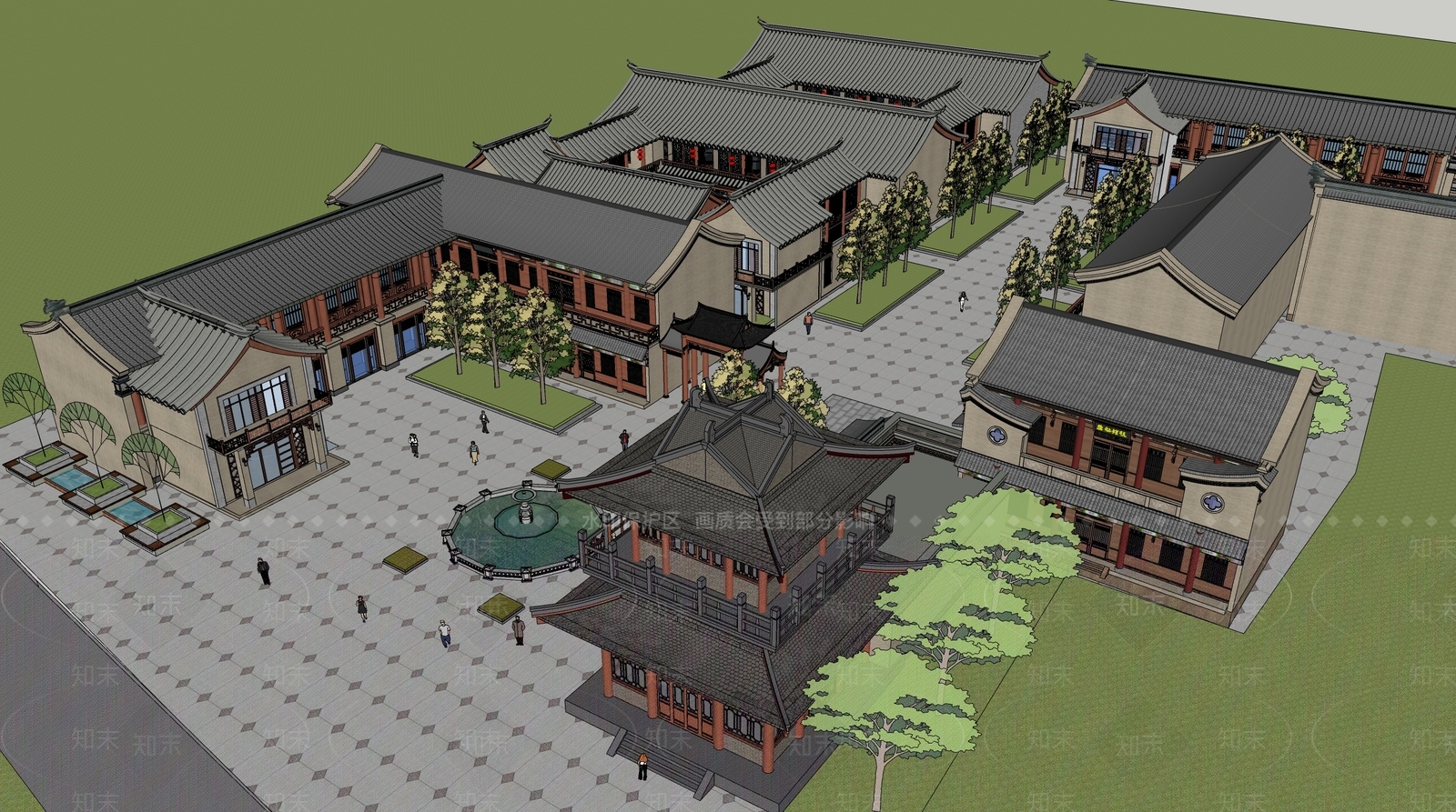 中式唐风仿古商业街区建筑SU模型下载【ID:1150796029】