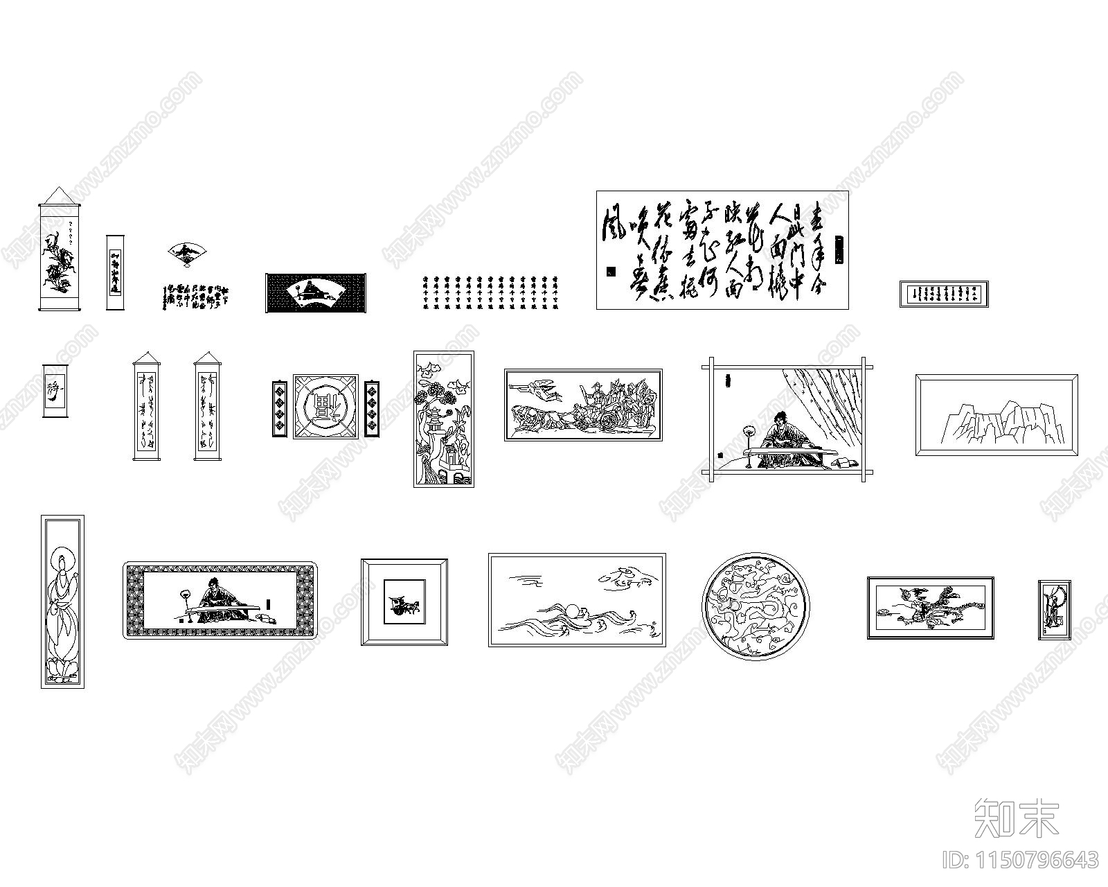 书法中式装饰画摆件cad施工图下载【ID:1150796643】