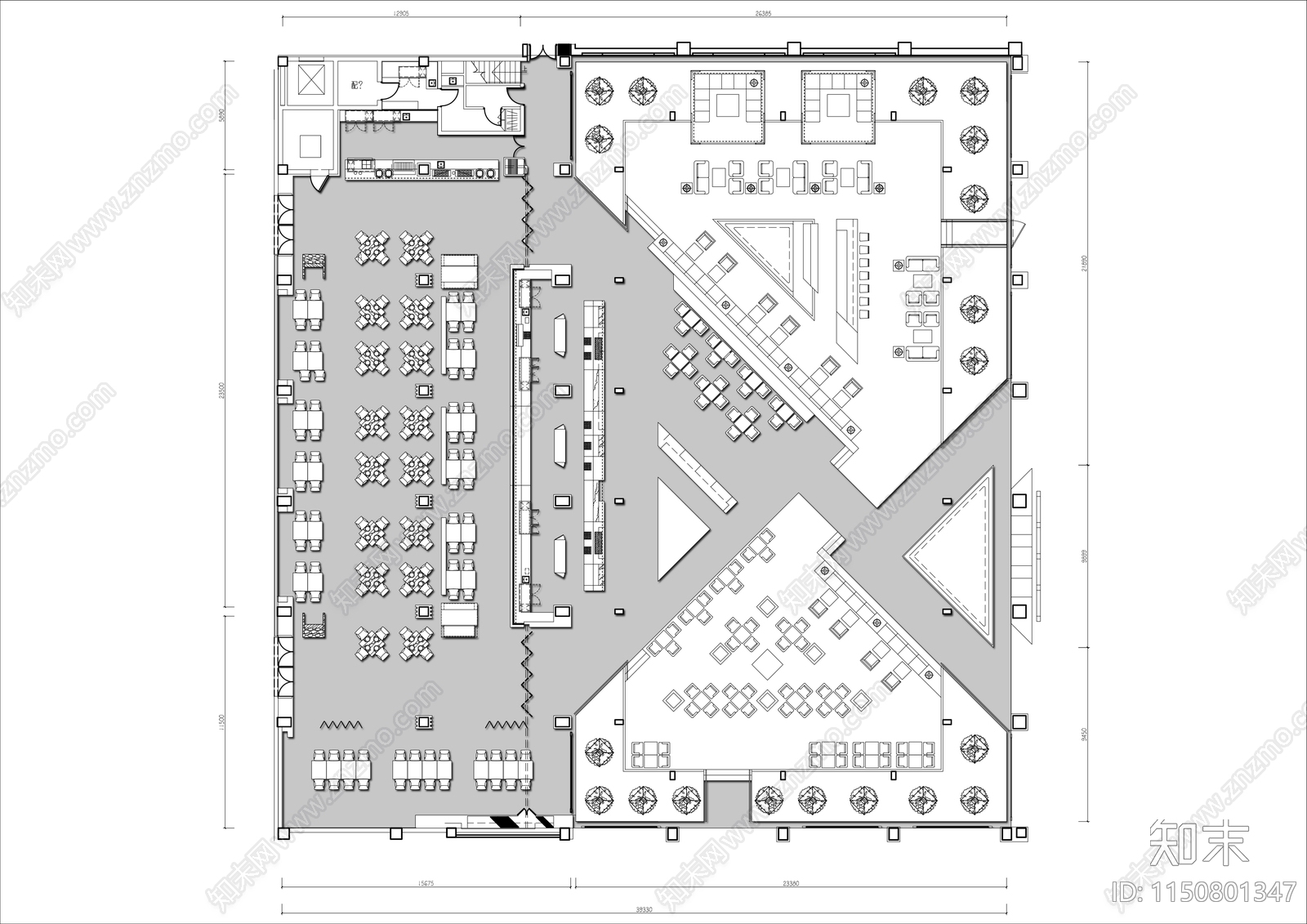 1500㎡景观自助餐厅平面布局方案图施工图下载【ID:1150801347】