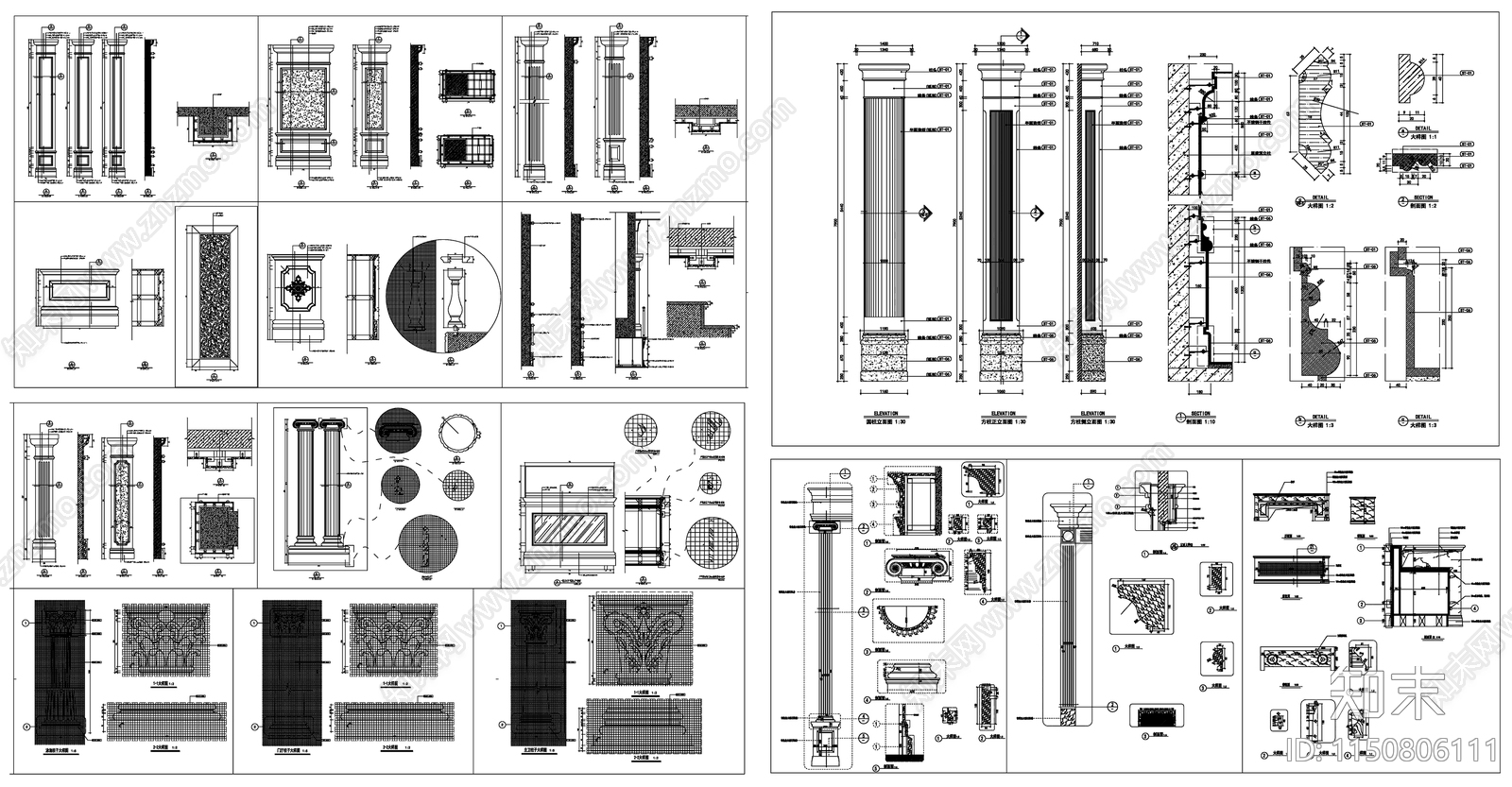 欧式罗马柱雕花cad施工图下载【ID:1150806111】