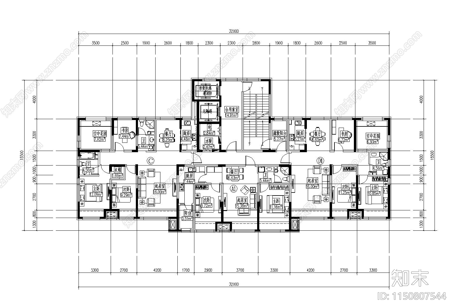 现代高层住宅两梯三户平面图施工图下载【ID:1150807544】