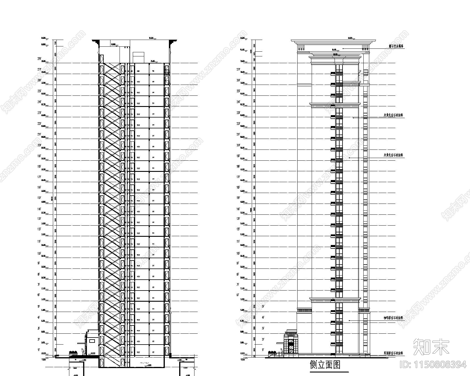 现代高层住宅两梯三户cad施工图下载【ID:1150808394】