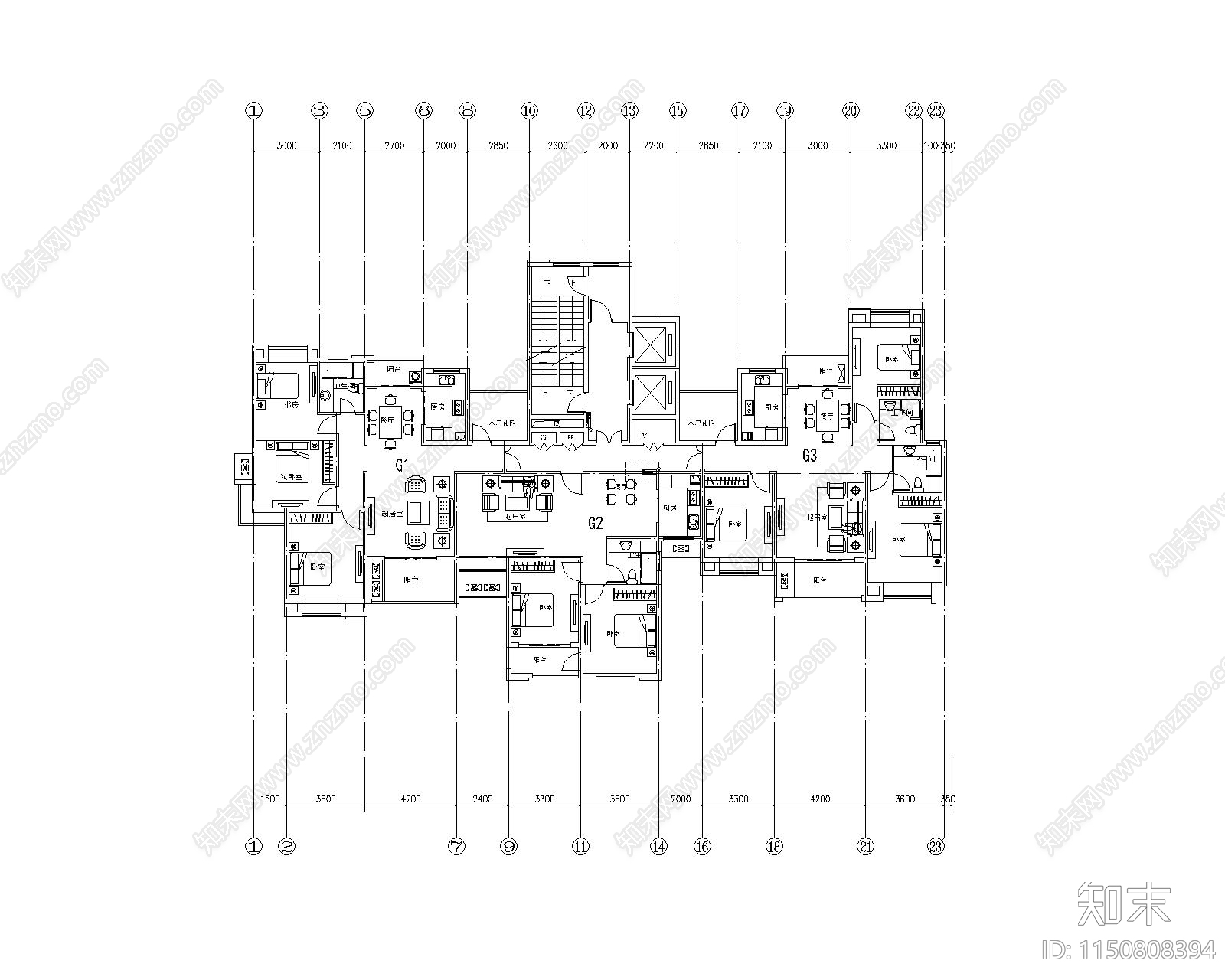 现代高层住宅两梯三户cad施工图下载【ID:1150808394】