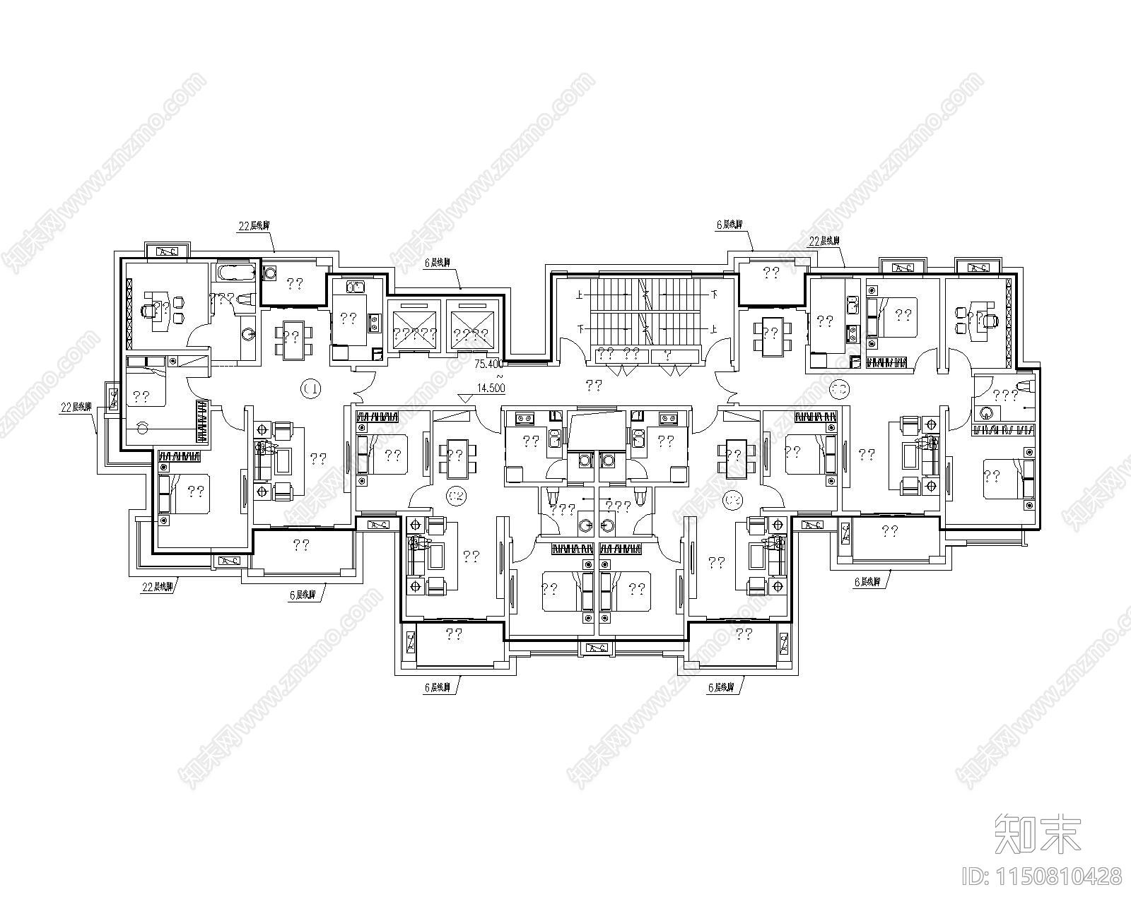 现代高层住宅两梯三户cad施工图下载【ID:1150810428】