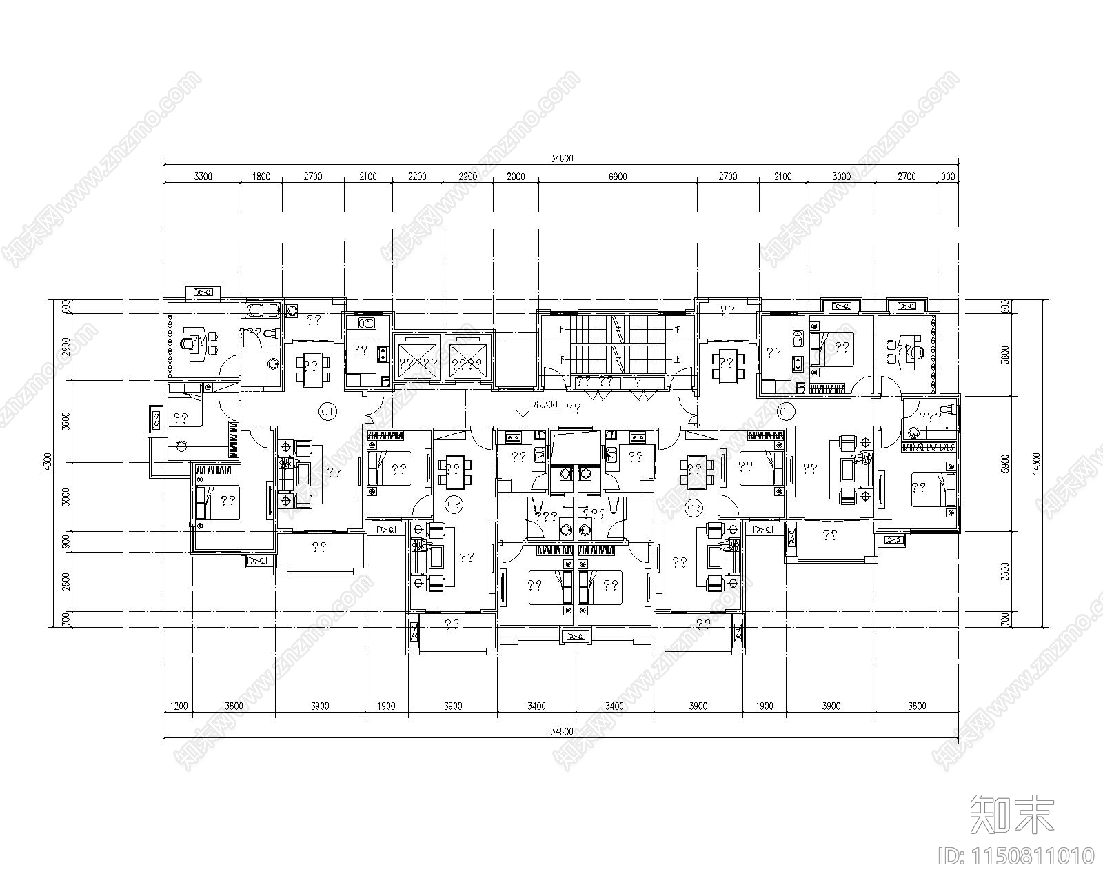 现代高层住宅两梯三户cad施工图下载【ID:1150811010】