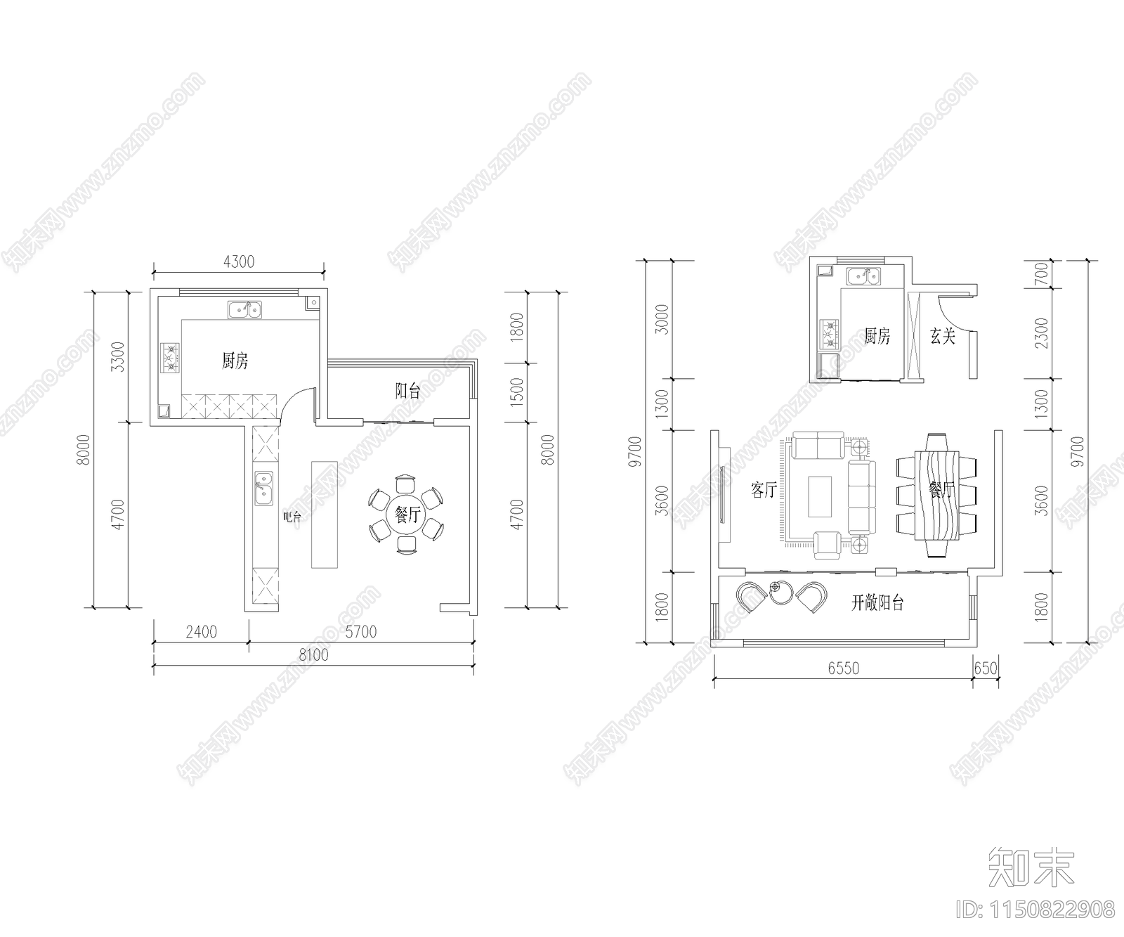 家居餐厅厨房平面布置图施工图下载【ID:1150822908】