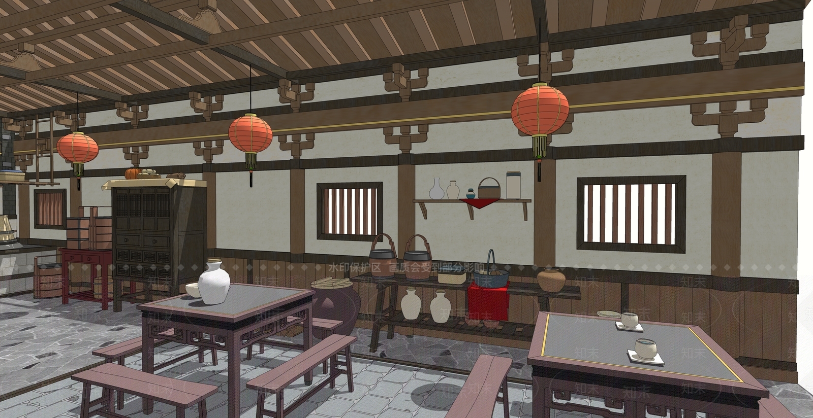 中式古代小镇餐厅SU模型下载【ID:1150832078】_知末su模型网