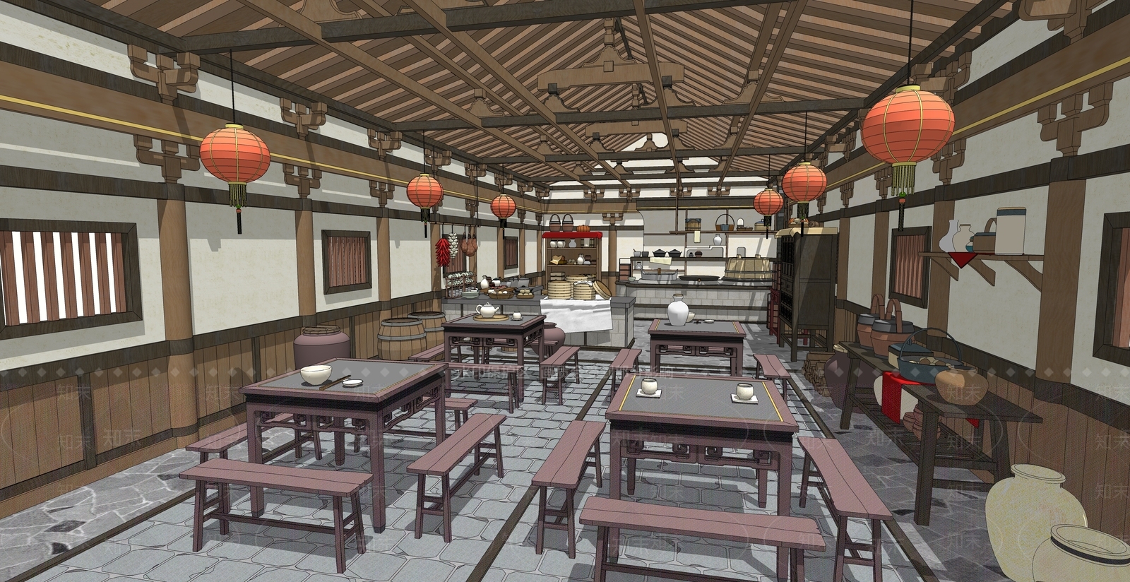 中式古代小镇餐厅SU模型下载【ID:1150832078】_知末su模型网