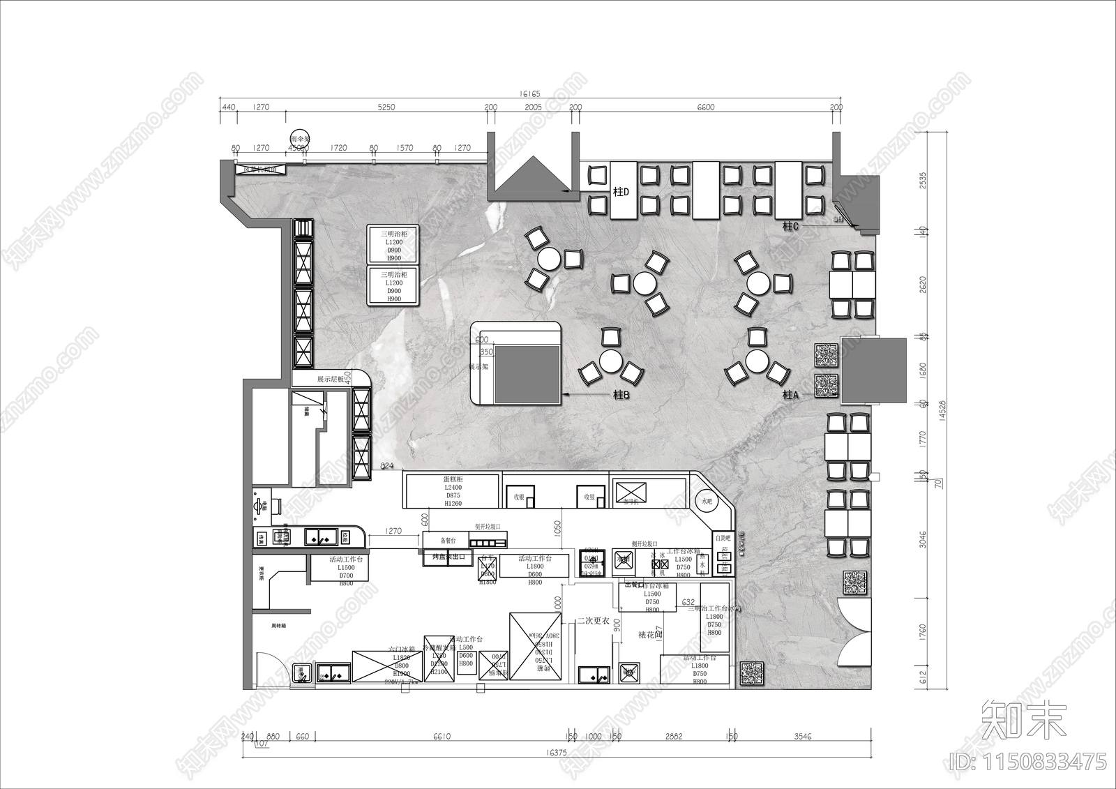 200㎡烘焙甜品店平面布置图施工图下载【ID:1150833475】