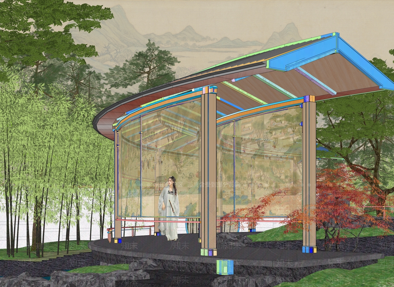 中式弧形半圆廊架SU模型下载【ID:1150837713】