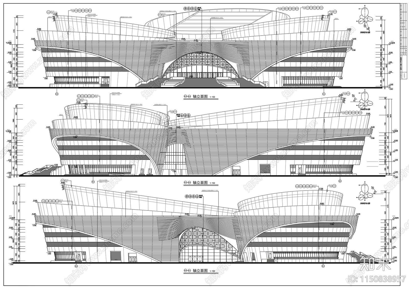 四层花瓣状市级戏剧大剧院建筑施工图下载【ID:1150838957】