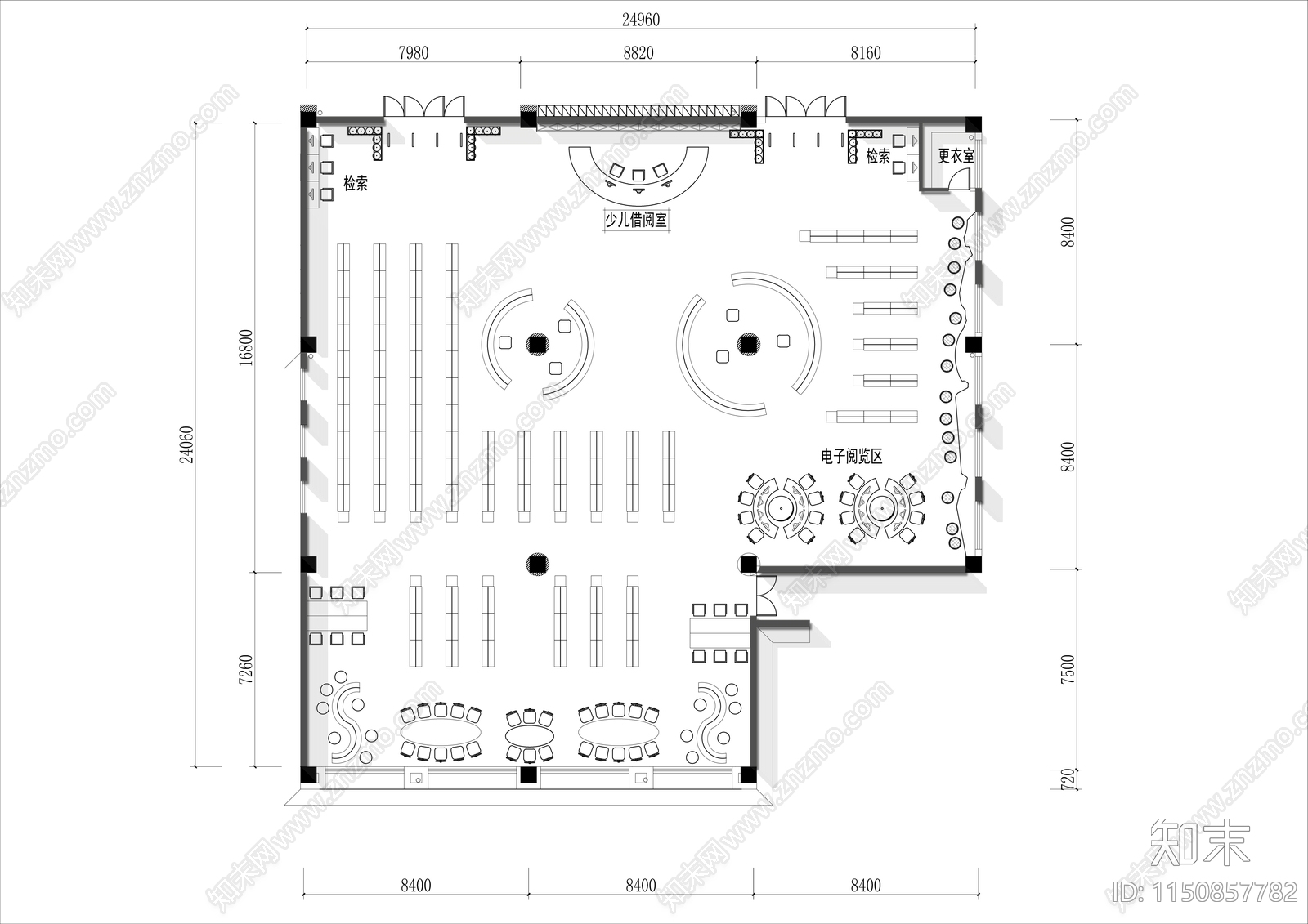 500㎡图书馆平面布局方案cad施工图下载【ID:1150857782】