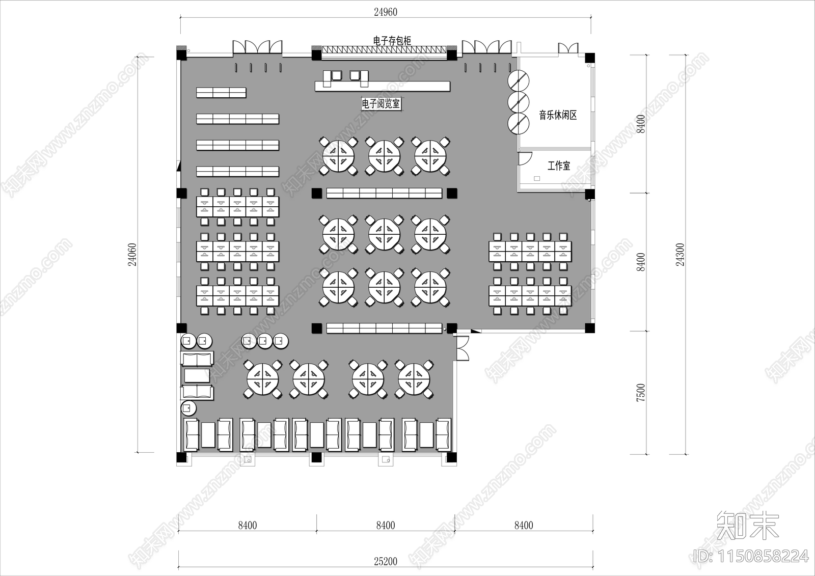 500㎡图书馆平面布置图cad施工图下载【ID:1150858224】