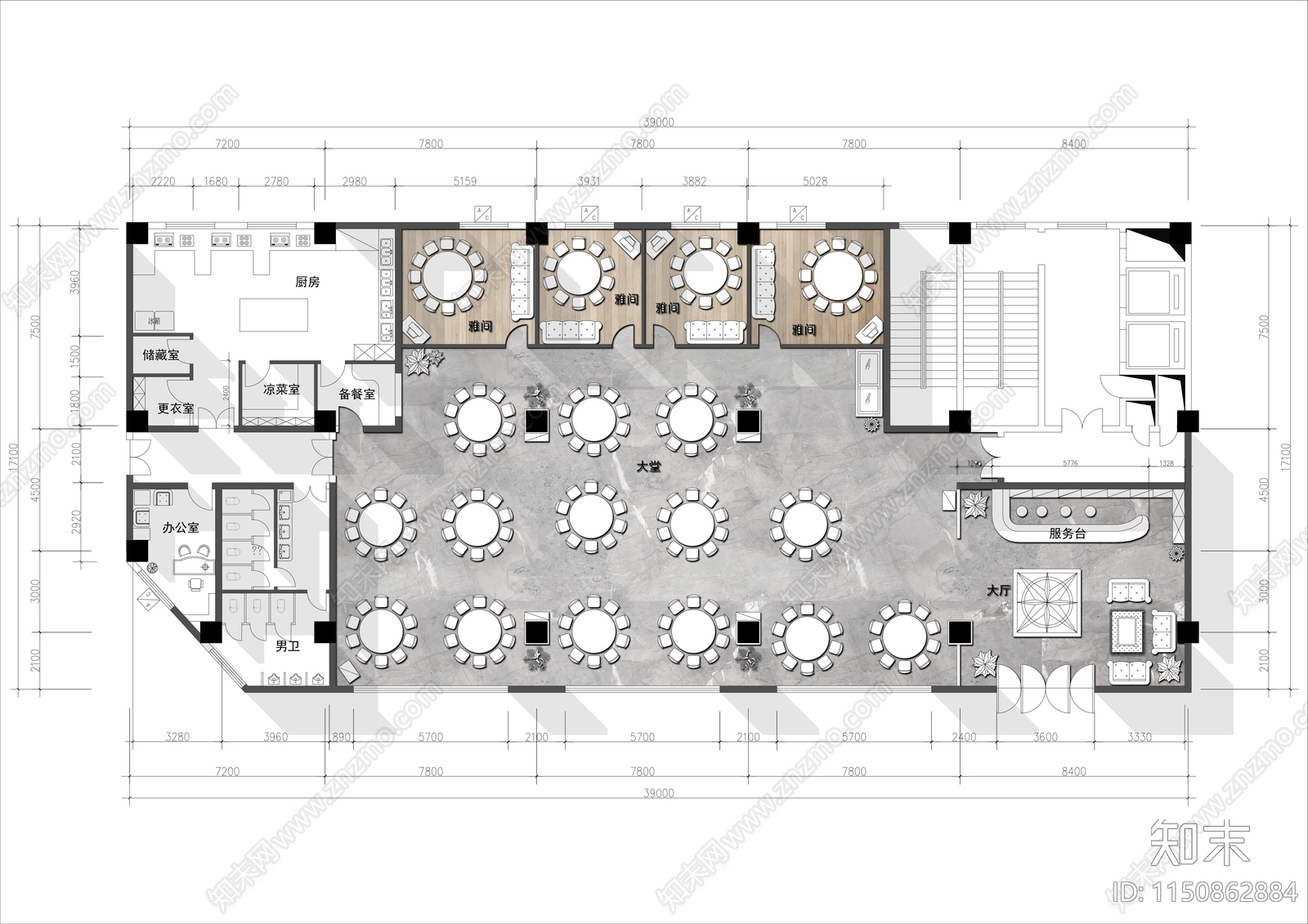 700㎡中式餐厅平面布局图施工图下载【ID:1150862884】
