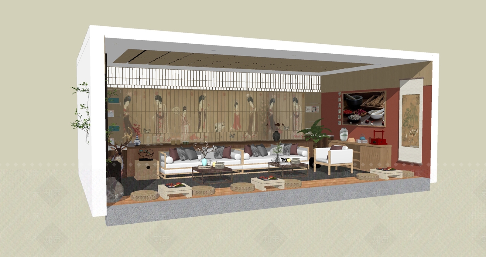 新中式民宿接待厅SU模型下载【ID:1150866191】
