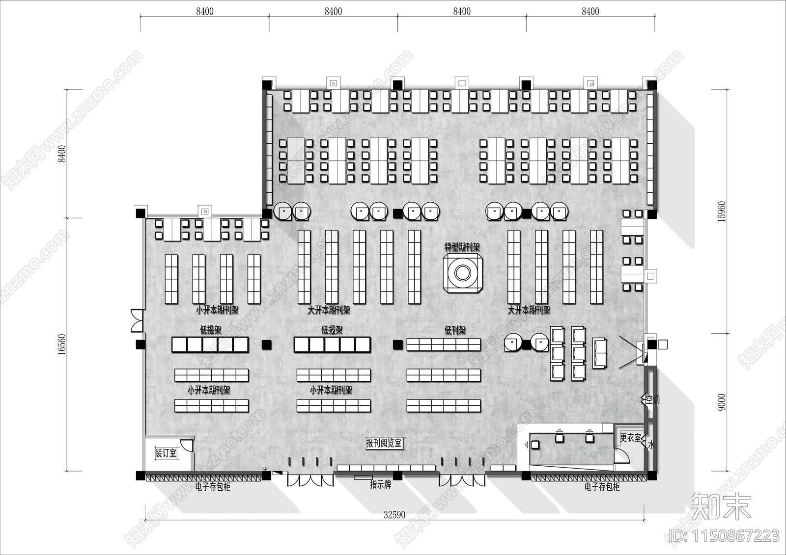 700㎡图书馆书吧平面布局方案cad施工图下载【ID:1150867223】