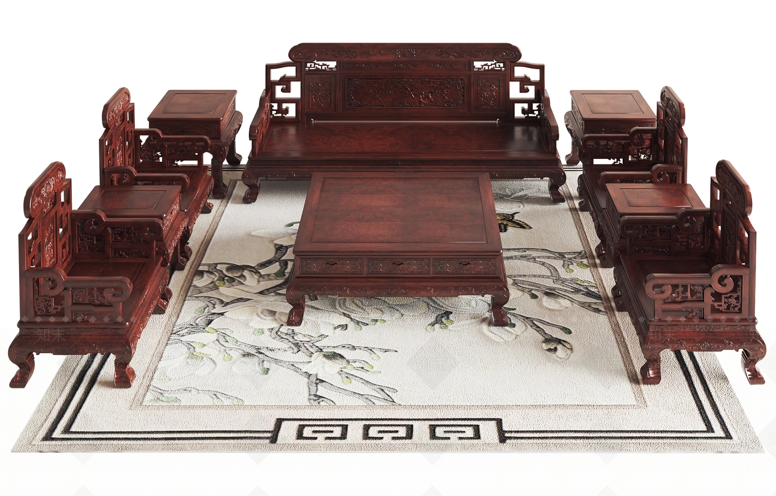 中式红木沙发茶几组合3D模型下载【ID:1150872294】