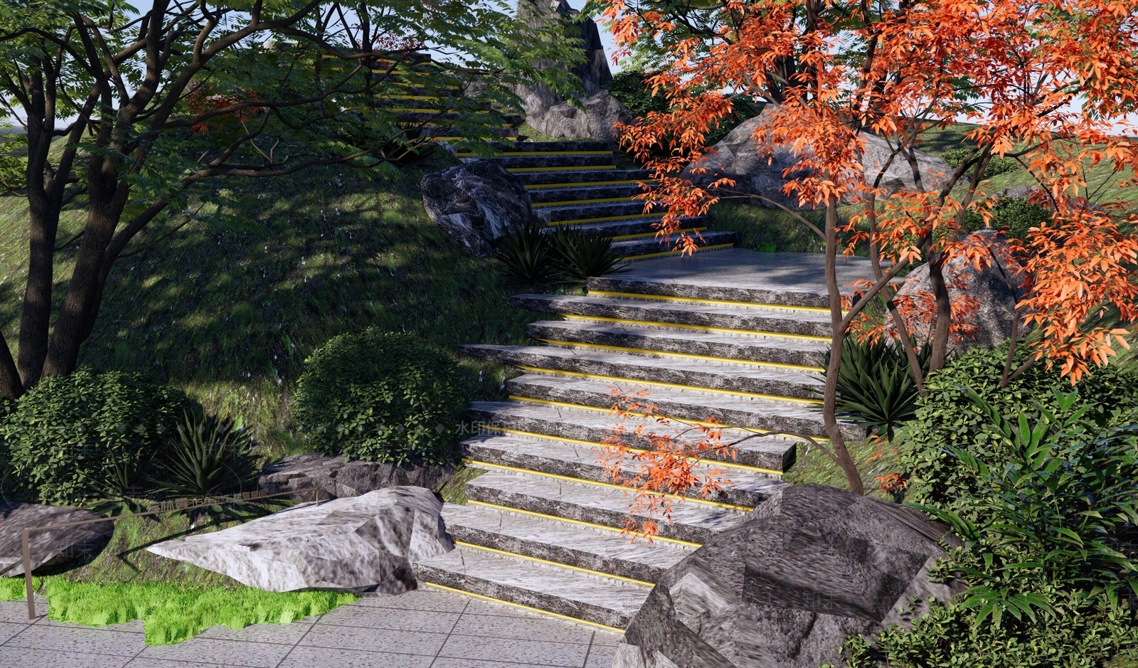 新中式台阶景观SU模型下载【ID:1150877757】