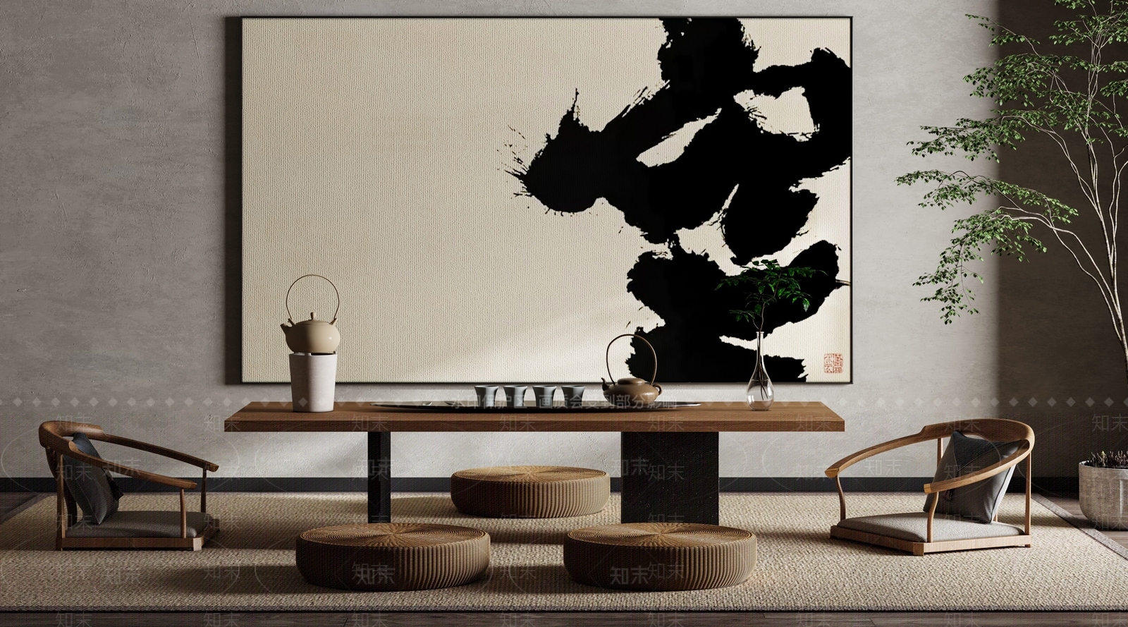 中式挂画3D模型渲染效果图