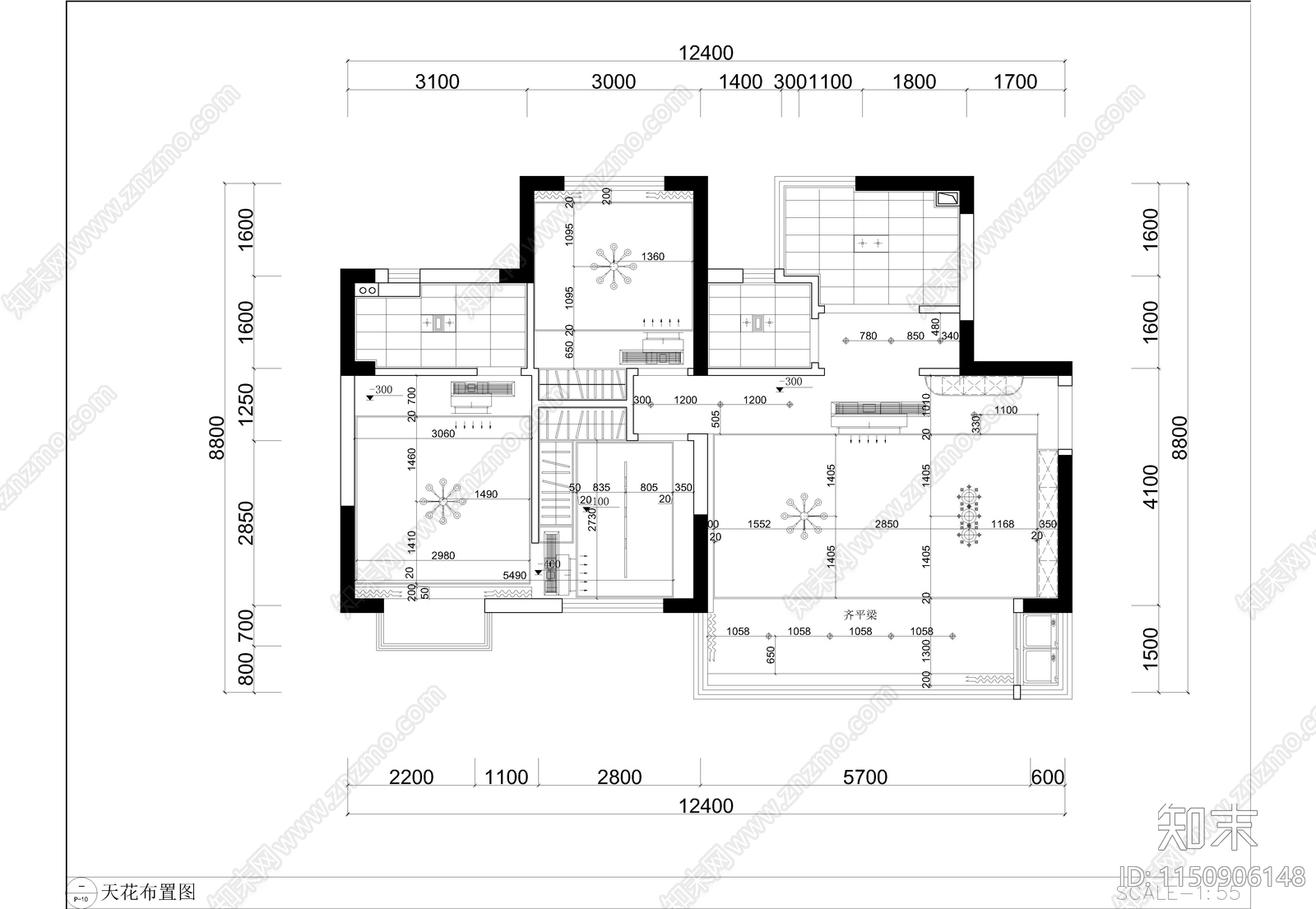 80㎡2房1厅现代简约室内✚客餐厅✚主卧施工图下载【ID:1150906148】