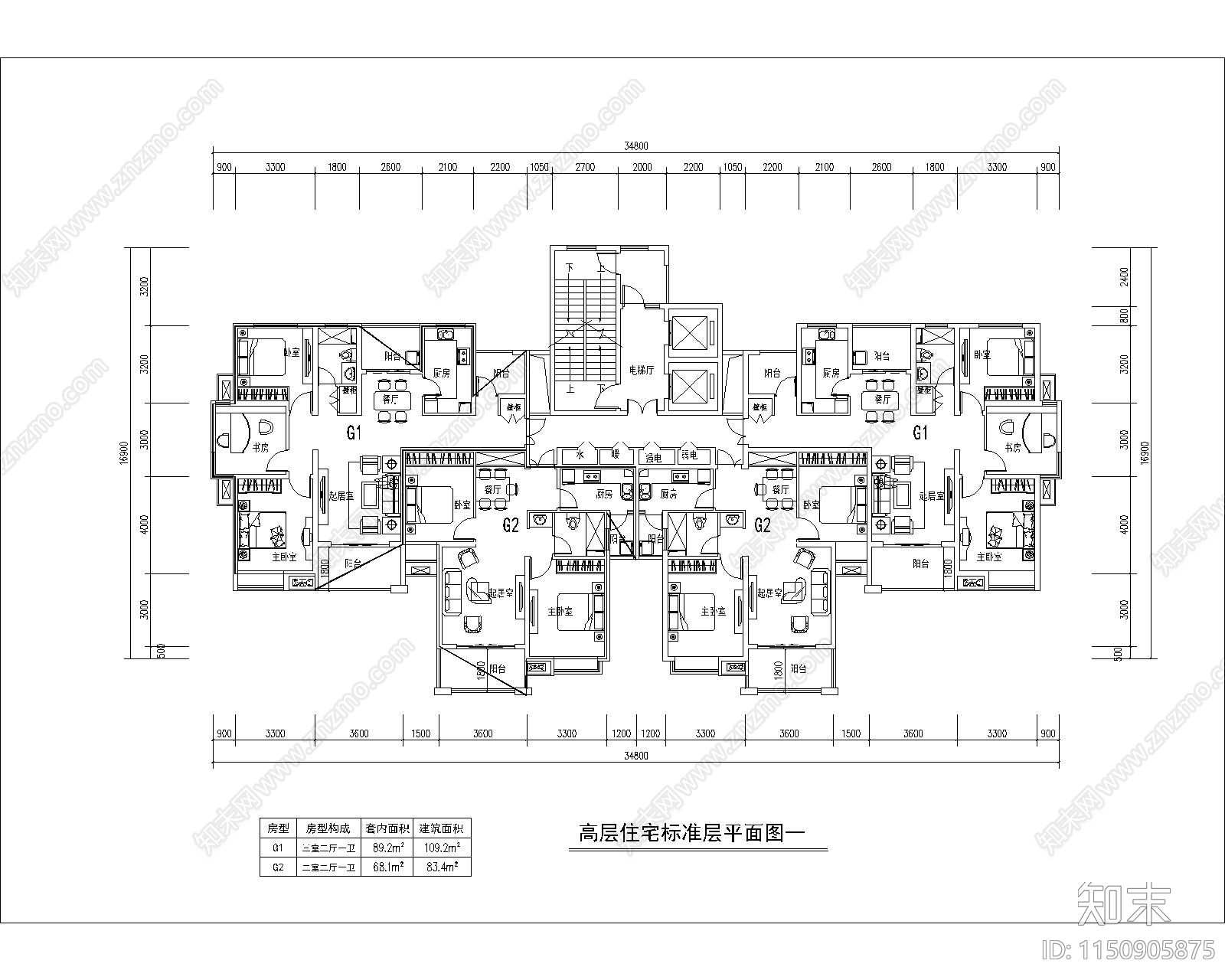 现代高层住宅两梯四户cad施工图下载【ID:1150905875】