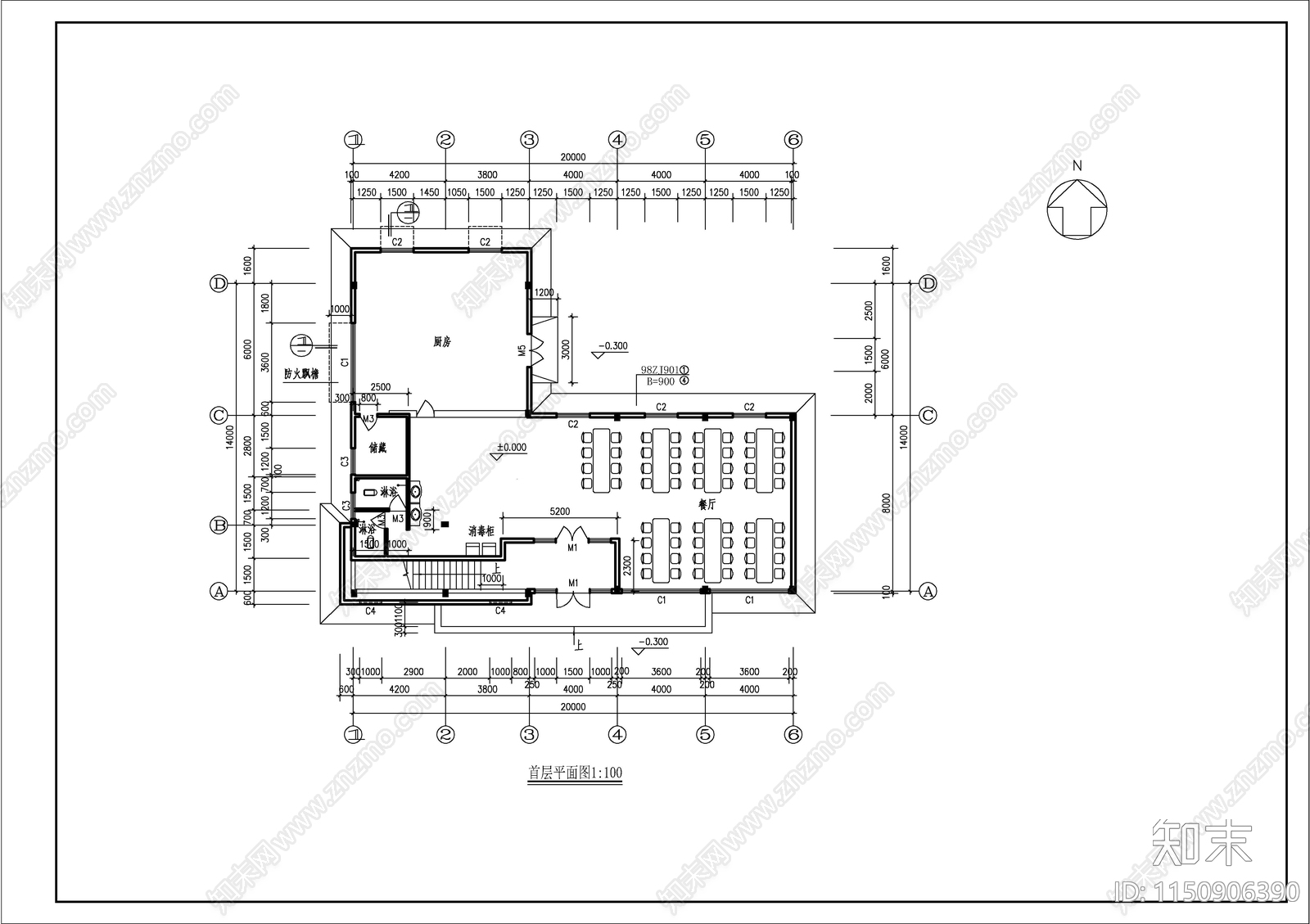 某宿舍餐厅建筑cad施工图下载【ID:1150906390】