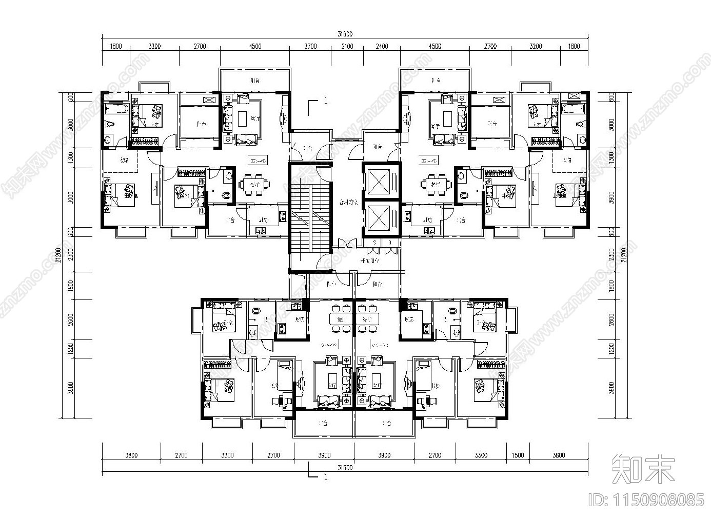 现代高层住宅塔楼两梯四户cad施工图下载【ID:1150908085】