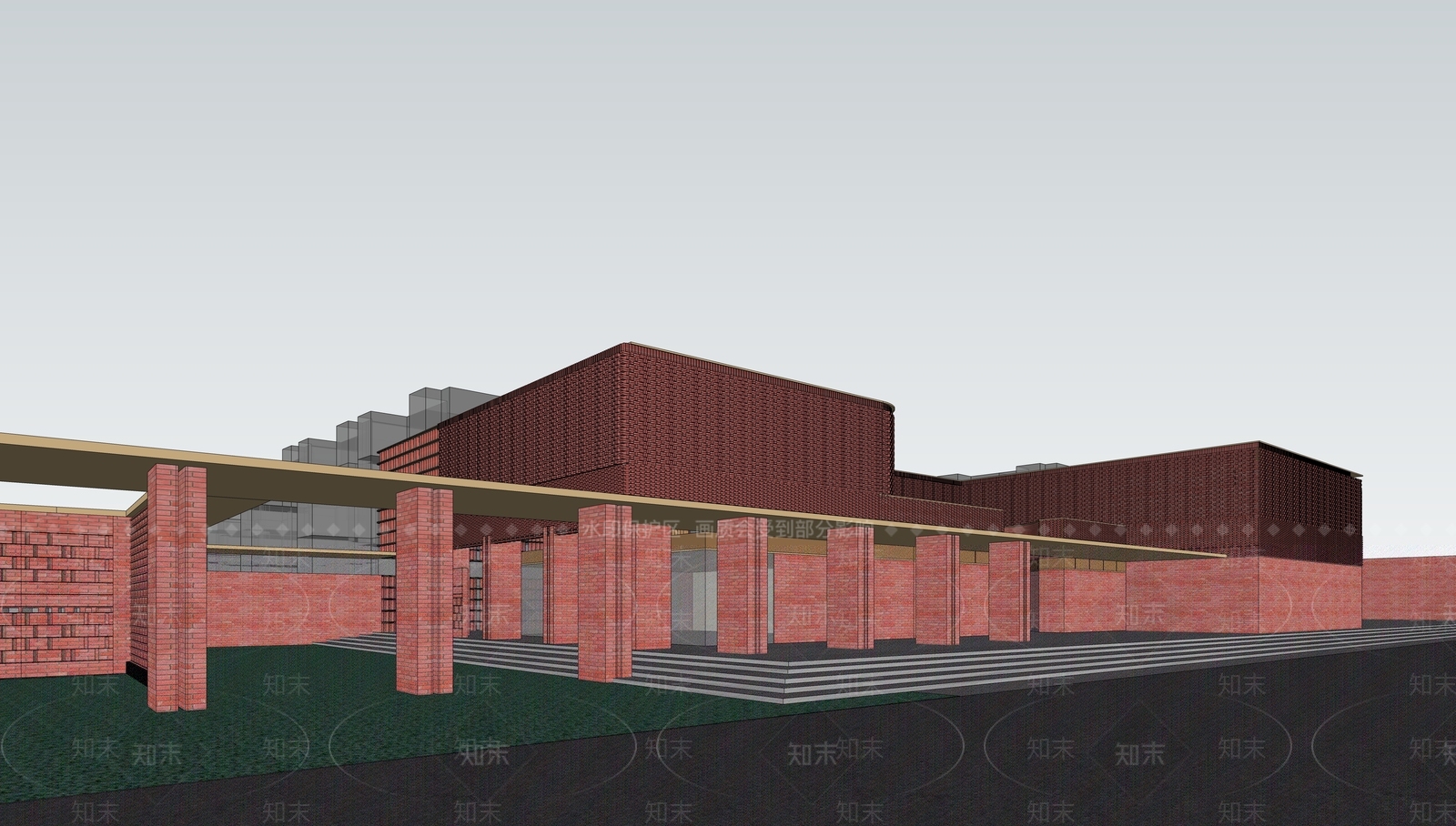 现代典雅红砖风格文化建筑SU模型下载【ID:1150911925】