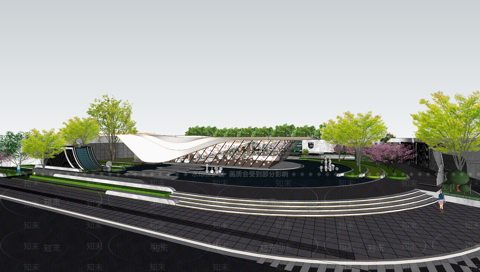 现代风格流线型展览馆建筑SU模型下载【ID:1150920721】
