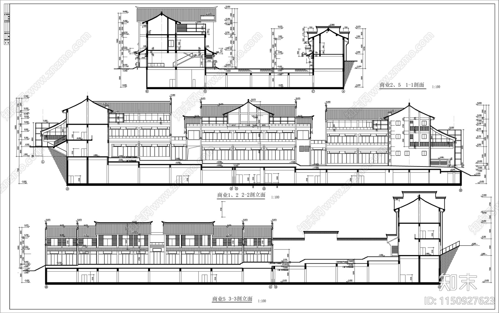 仿古商业街建筑图cad施工图下载【ID:1150927623】