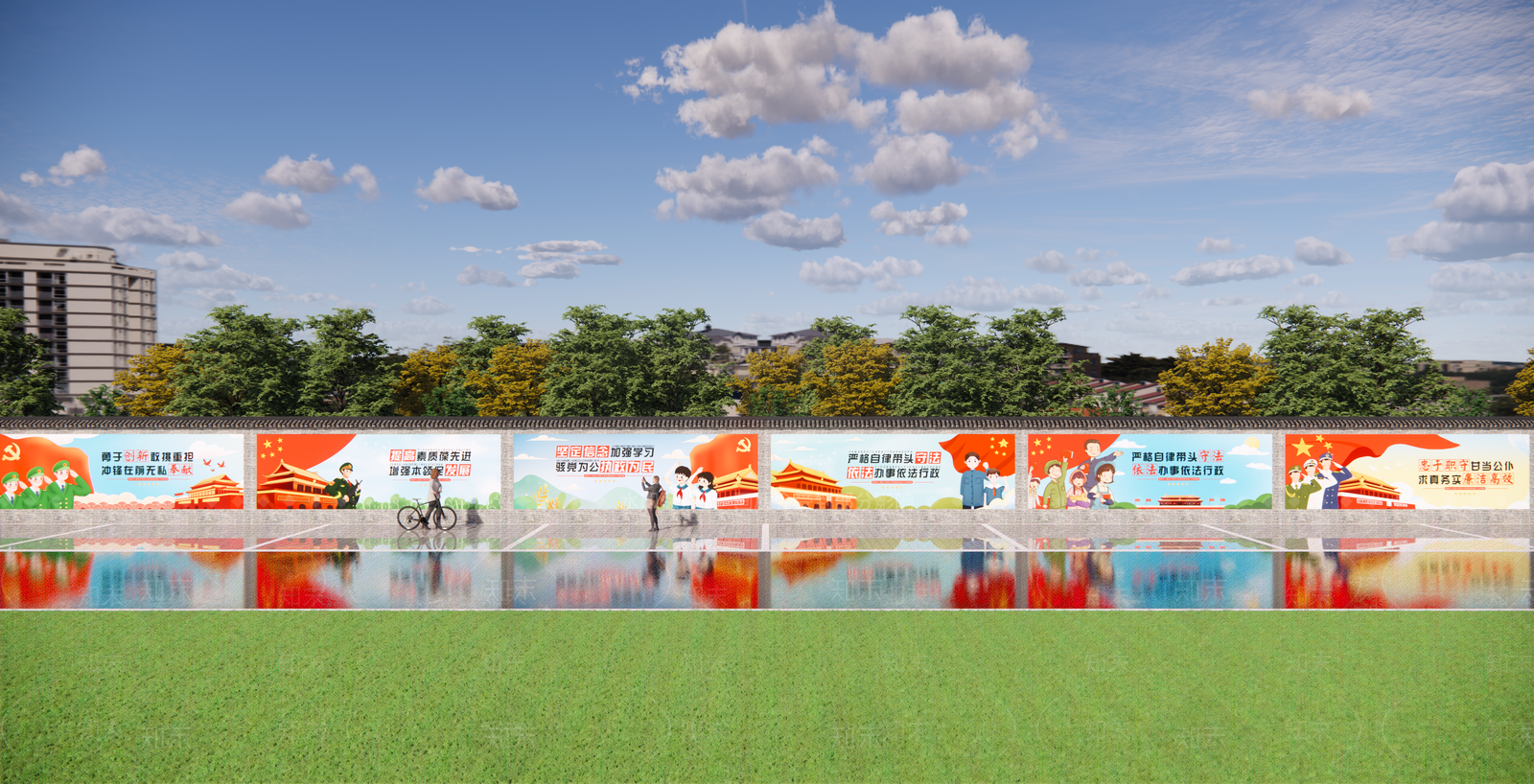 现代党建墙绘宣传画围墙景墙SU模型下载【ID:1150947648】