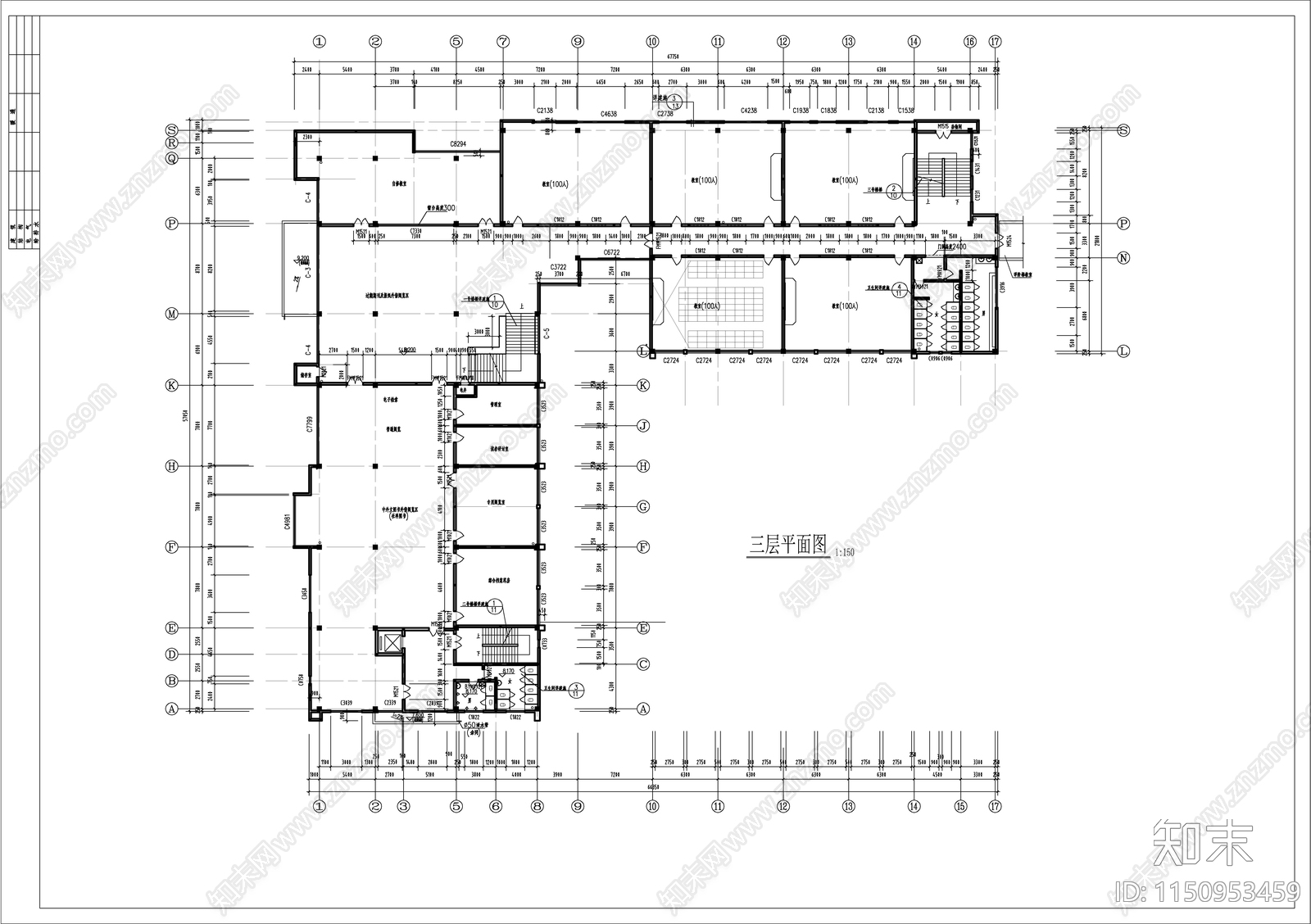 四层V型图书馆建筑cad施工图下载【ID:1150953459】