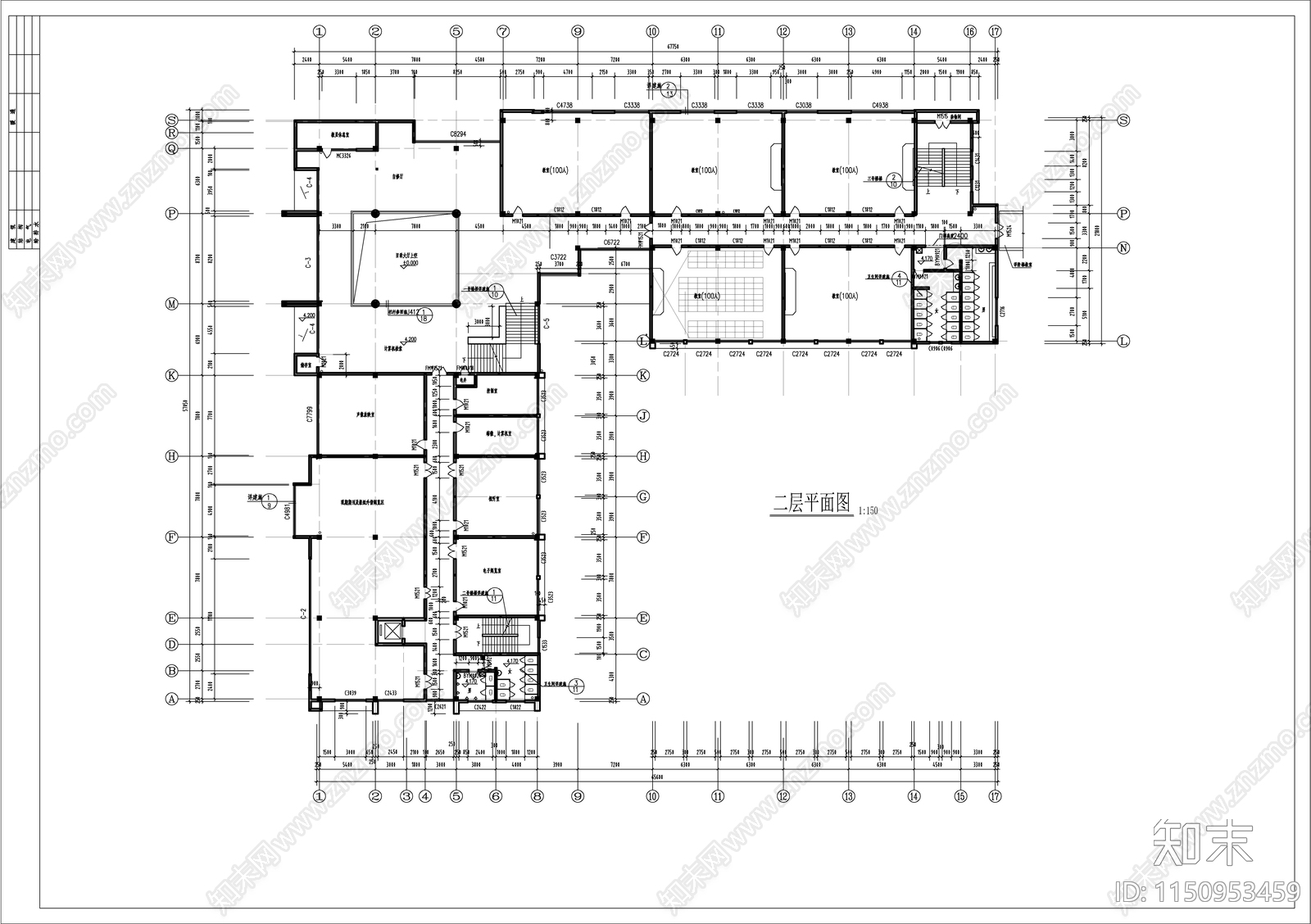 四层V型图书馆建筑cad施工图下载【ID:1150953459】