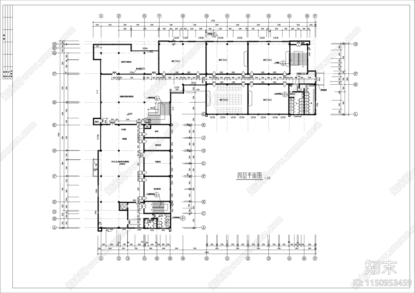 四层V型图书馆建筑cad施工图下载【ID:1150953459】