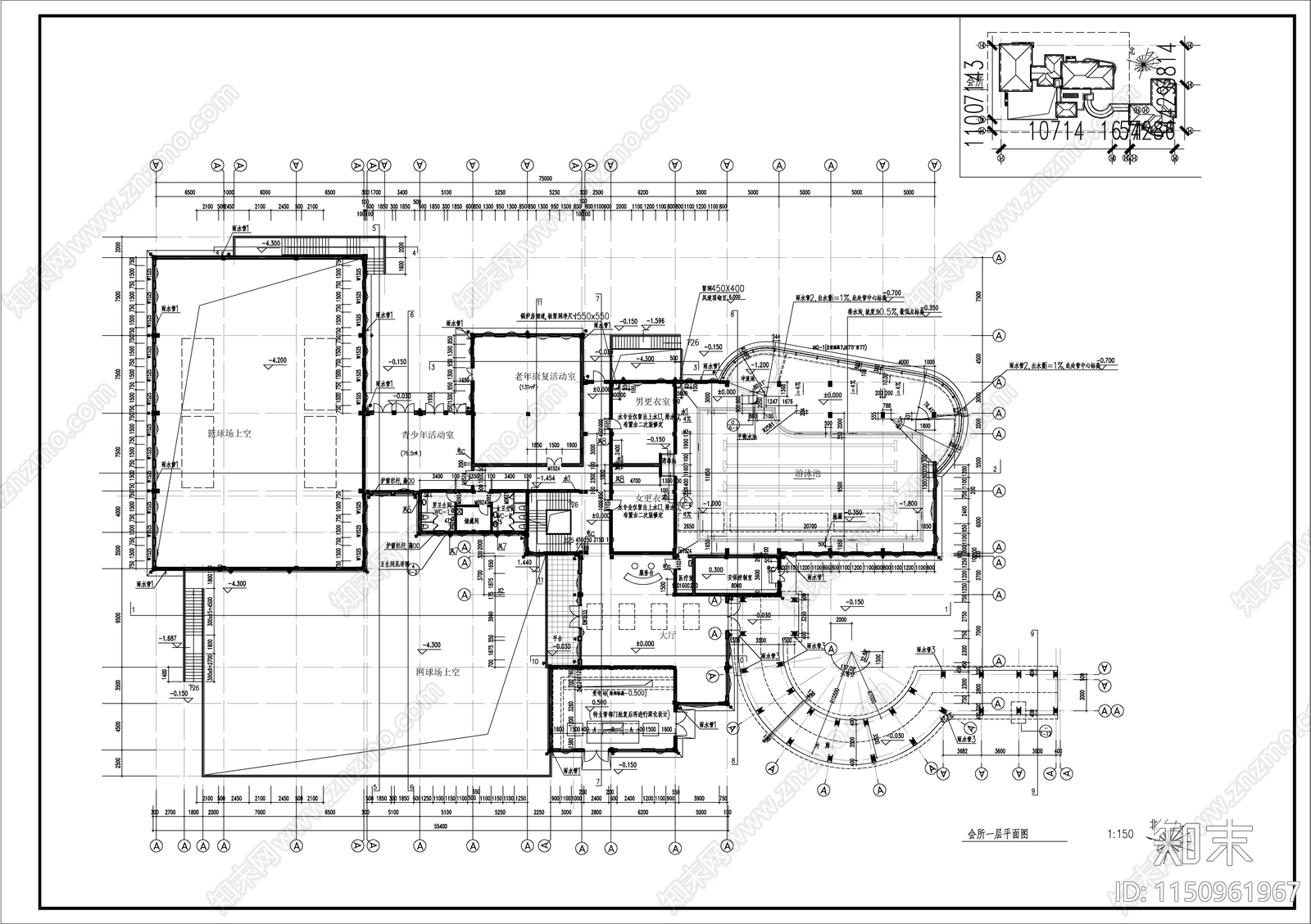 新中式高级会所建筑cad施工图下载【ID:1150961967】