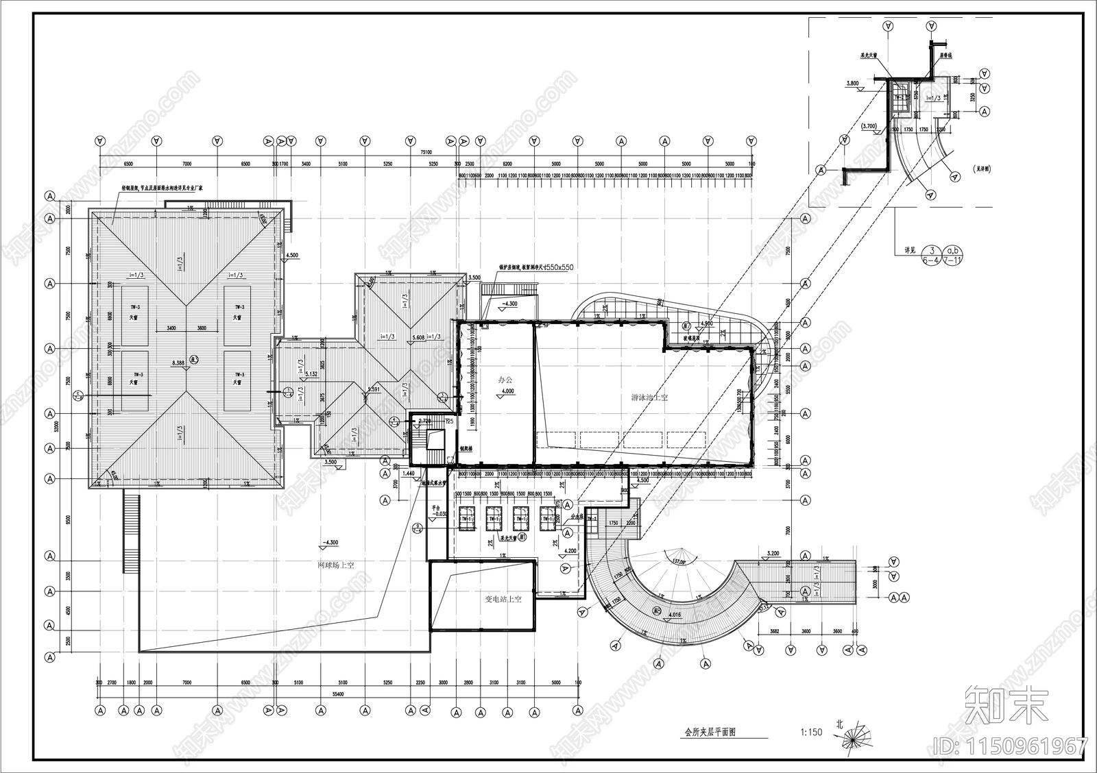 新中式高级会所建筑cad施工图下载【ID:1150961967】